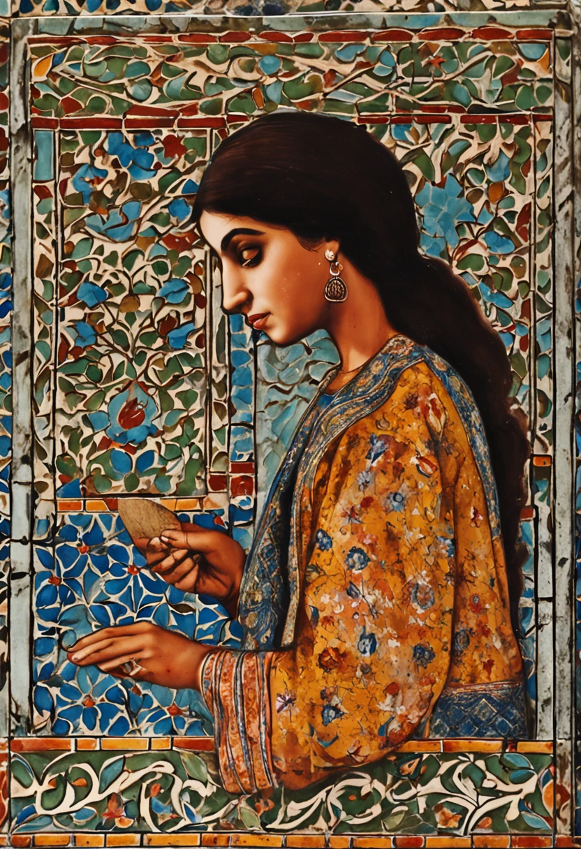 Old Iranian tiling, girl painting on tile, old, Iranian, ceramic, real, very real, close-up, one tile