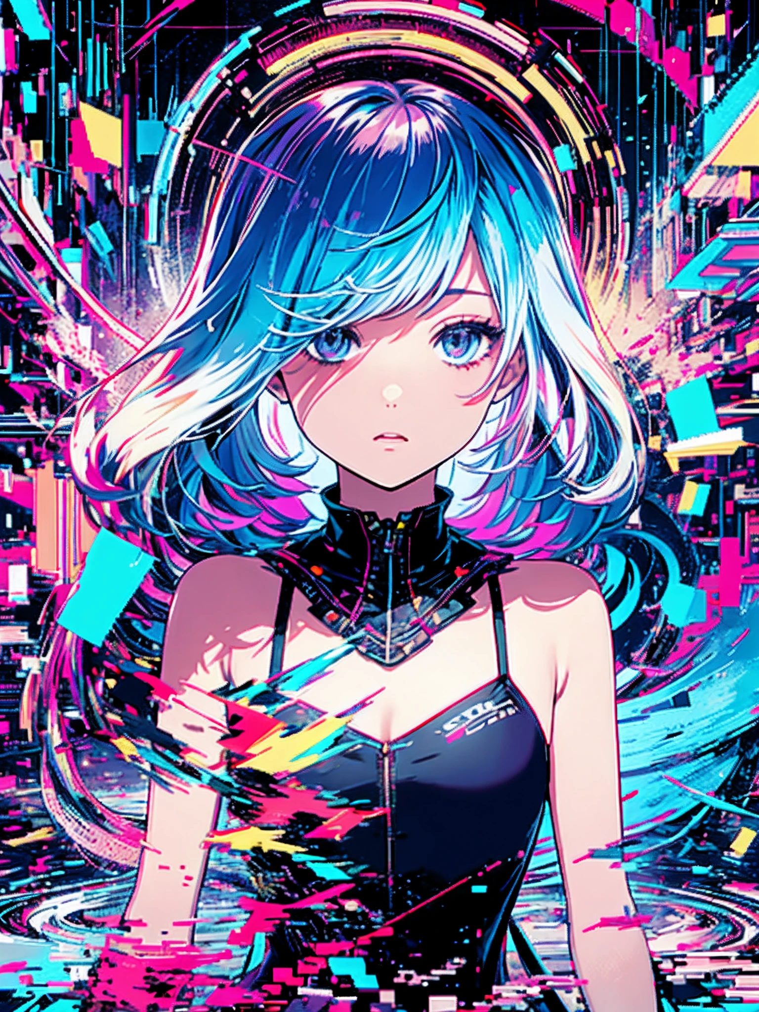 (masterpiece、Highest quality、Highest quality、Official Art、beautifully、beautiful:1.2、(One Girl:1.3)、Glitch Art、(Digital Distortion)、Pixelated Fragments、Data Corruption、Colorful Noise、visual confusion、Contemporary aesthetics、Runaway Light and Electricity、Atmospheric swimsuit、vapor、cigarette、A whirlpool of chaos and madness