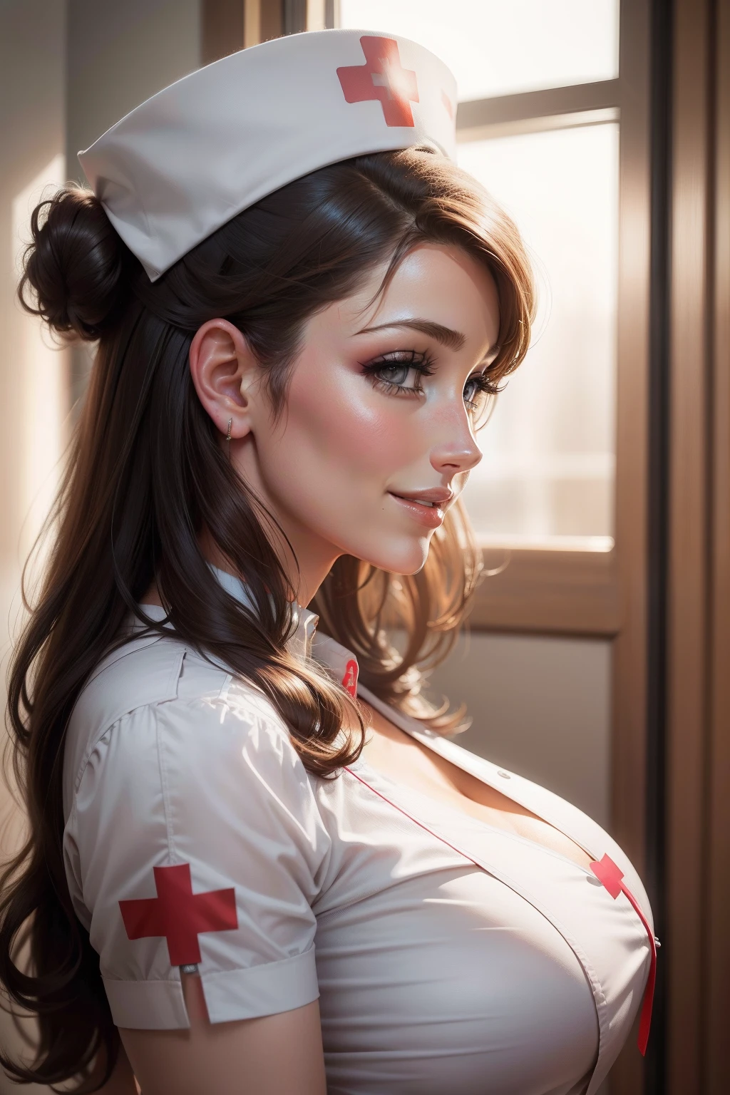 lucy pinder, face portrait, smiling, gold lipstick, cleavage, nurse, intense makeup