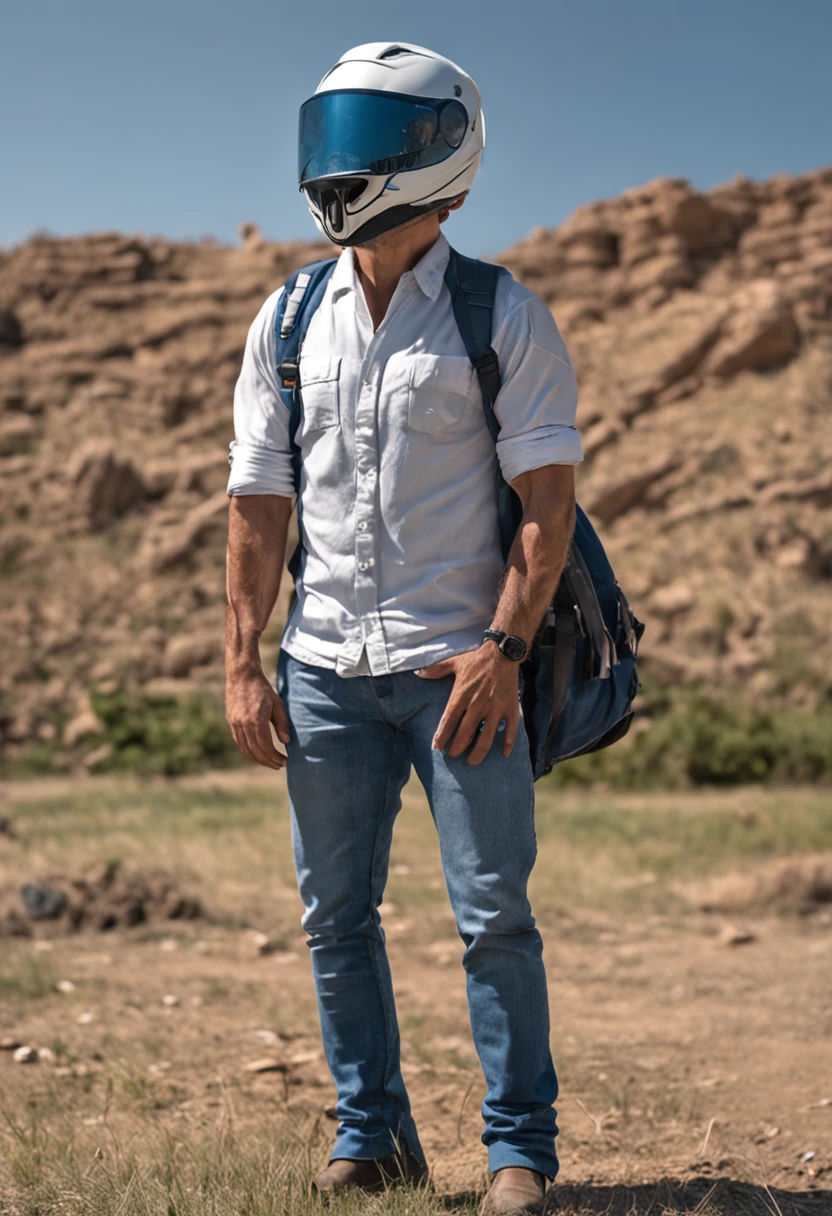 homem, 35 anos, magro, rosto quadrado, white shirt inside jeans, um metro e oitenta de altura, cabelo grisalho com franja, boots on the feet, holding a white safety helmet in his hand, Standing on a lawn with blue sky in the background