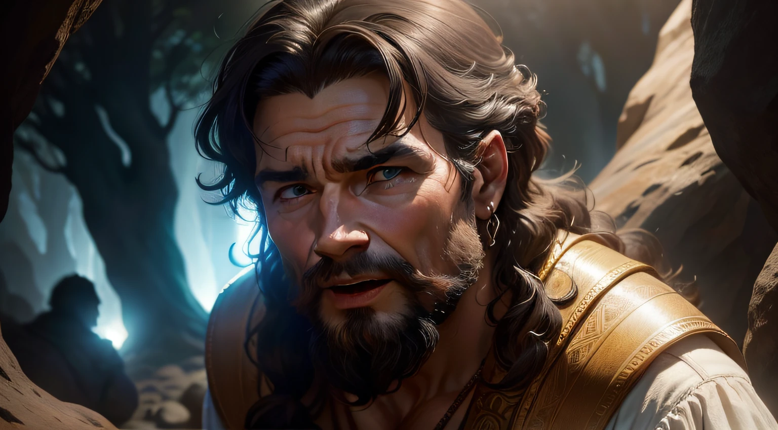 uma foto de um homem em uma caverna gritando, historia de fundo: Caverna, epic biblical representation, Senhor das Bestas, Deus olhando para mim, Directed by: Howard Lyon, Senhor da Selva, bible illustration, biblical image, Directed by: Leonardo Longo, Rei da selva, prophetic art