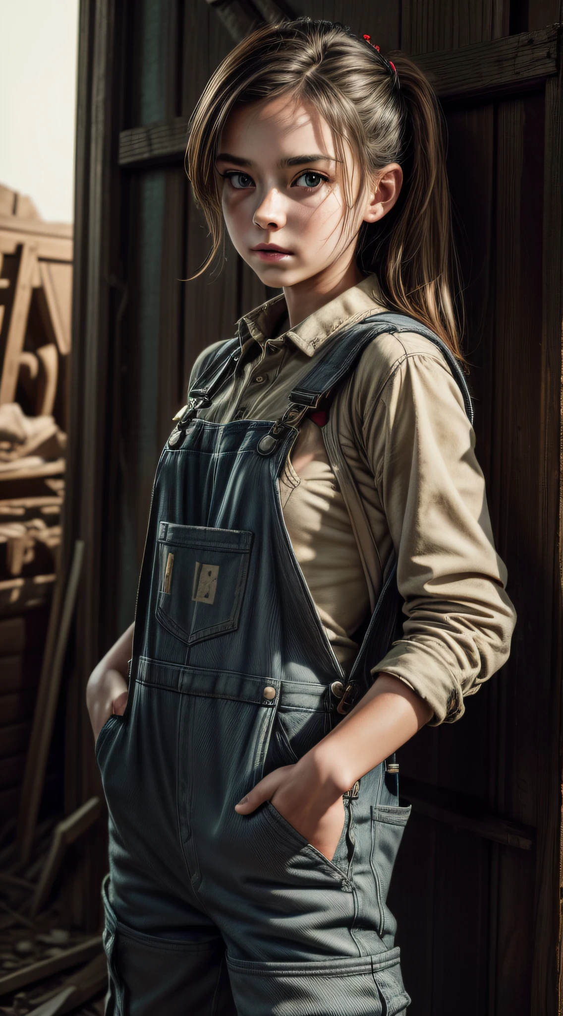 (masterpiece, best quality, realistic, detailed, sharp:1.2), intricate details, oxidetech, (shot photo of 1girl), wearing overalls, (hands inside pockets:1.2), dirty, post-apocalypse,