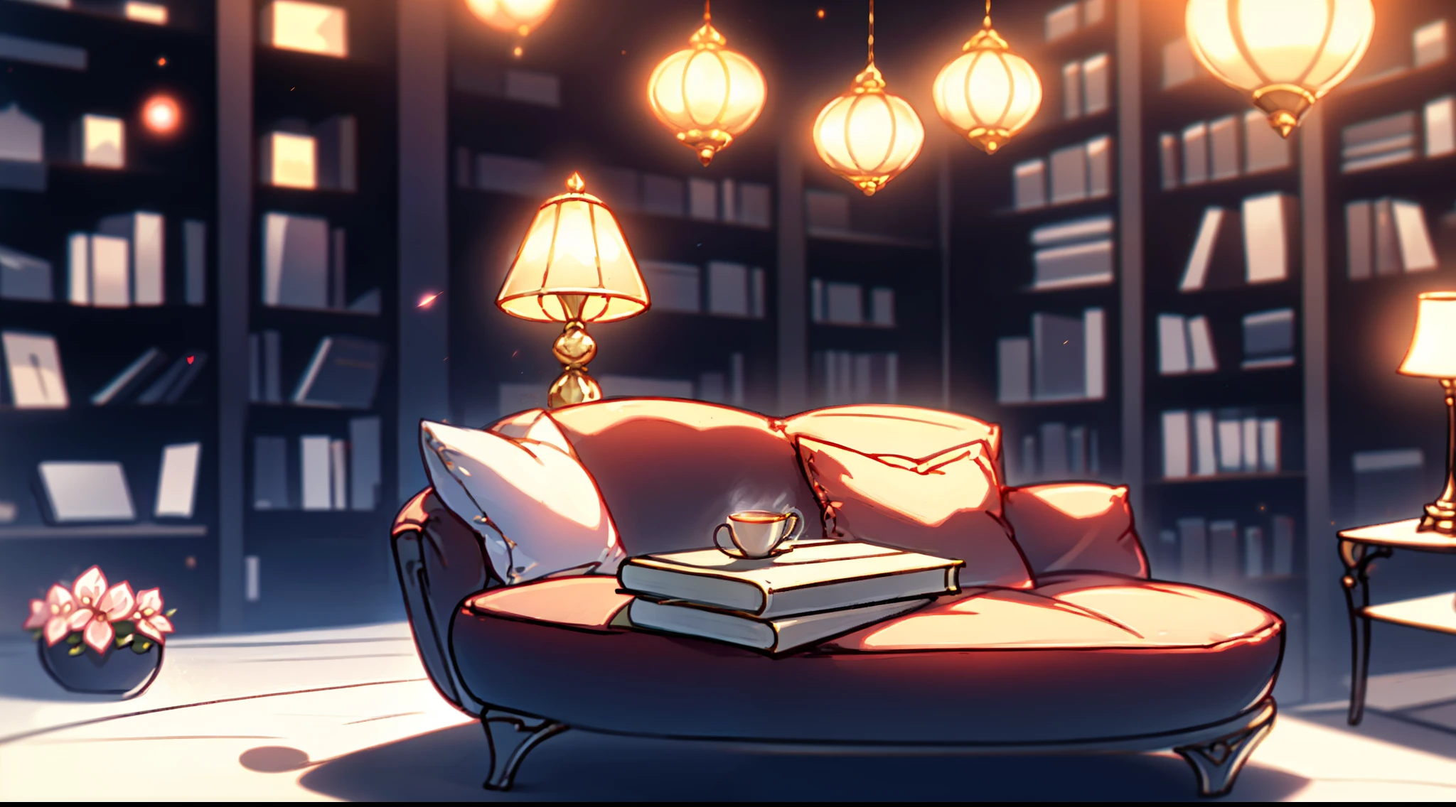 calm afternoon, and the sun was shining brightly,well-illuminated, The water is sparkling,Small particle effect, A small amount of the Tyndall effect, crystal lamp, European retro court,Retro, Cool color atmosphere,sculpted, Baroque style, RococoStyle, ,sofe,Soft throw pillows, coffee table, Cabinet with obvious viewing angles, A small number of starry skies, Smooth floor, hanging lights, Warm chairs, White chair, flower, Cold, Court style, A large sofa, tea party, Warm colors like a fairy tale, warm color, Made of crimson leather, Warm and calm,Book case,bookshelves,magia,magical,A lot of books,Study room,starrysky,Lots of bookshelves,A little fox