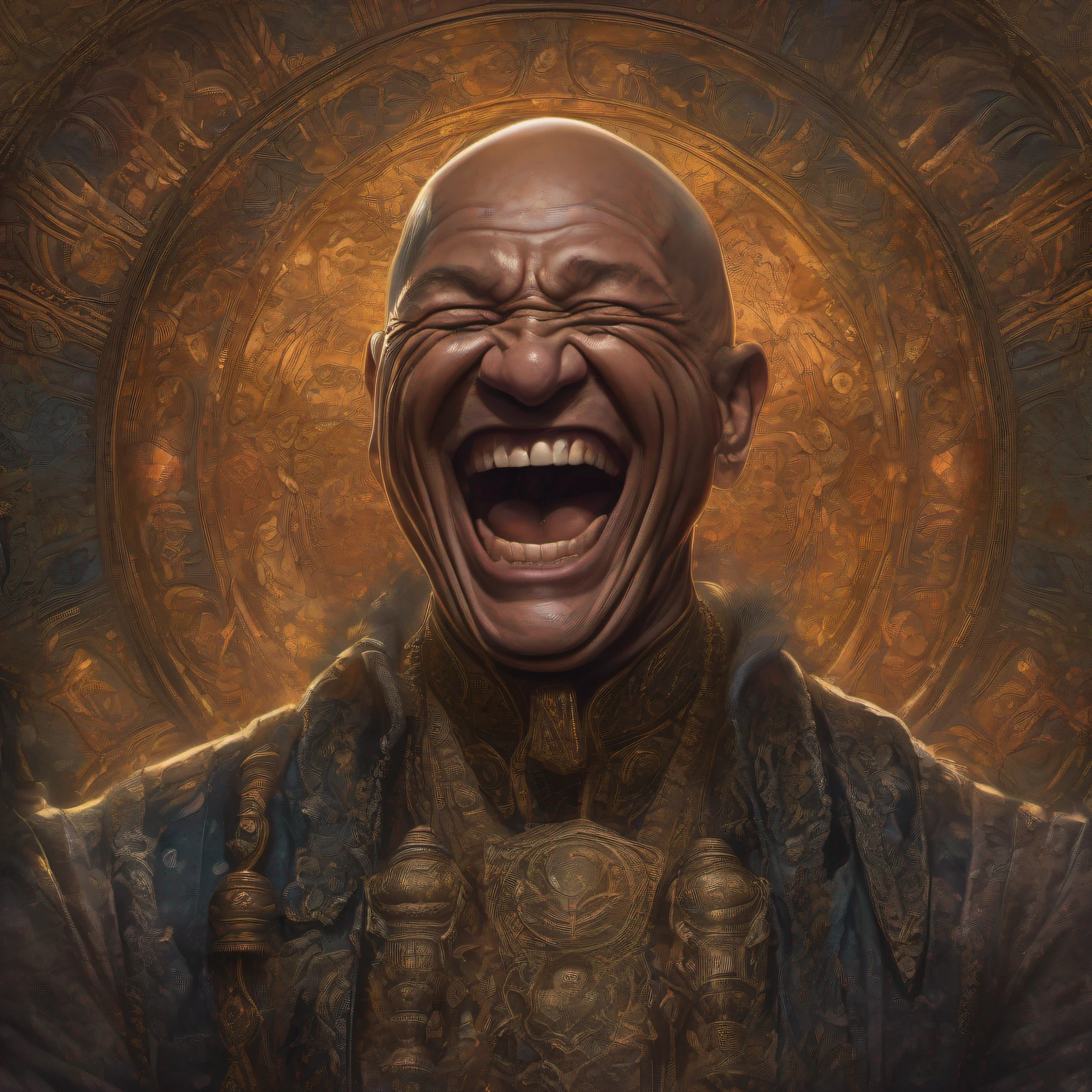 a portrait of a laughing, toxic, muscle, god, elder, (hdr:1.28), bald, hyperdetailed, cinematic, warm lights, intricate details, hyperrealistic, dark radial background, (muted colors:1.38), (neutral colors:1.2)