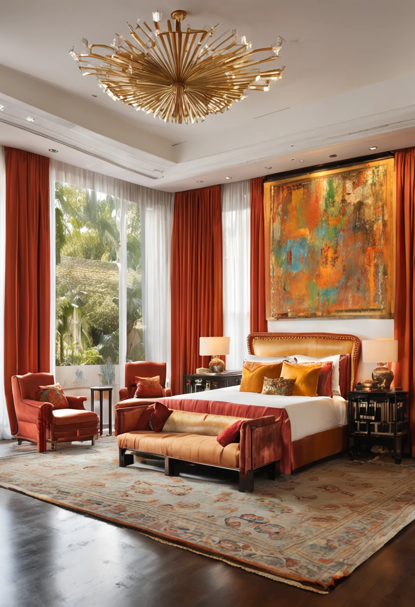((foto gran angular de toda la estancia)),((AMPLISIMO DORMITORIO DE LOS EMPERADORES)) ((CAMA KING SIZE))CHINA, ((dinastia ming)), preciosos muebles trabajados por los mejores artesanos, armarios, lamparas, alfombras de seda, cortinas de seda con motivos de la realeza, 2 o 3 bonsais, Royal Room, candelabros con velas, luces y sombras entrando por las ventanas, atardecer, cinematography lighting, Incredible and intricate details, hiperrealista, 8k, estilo zen