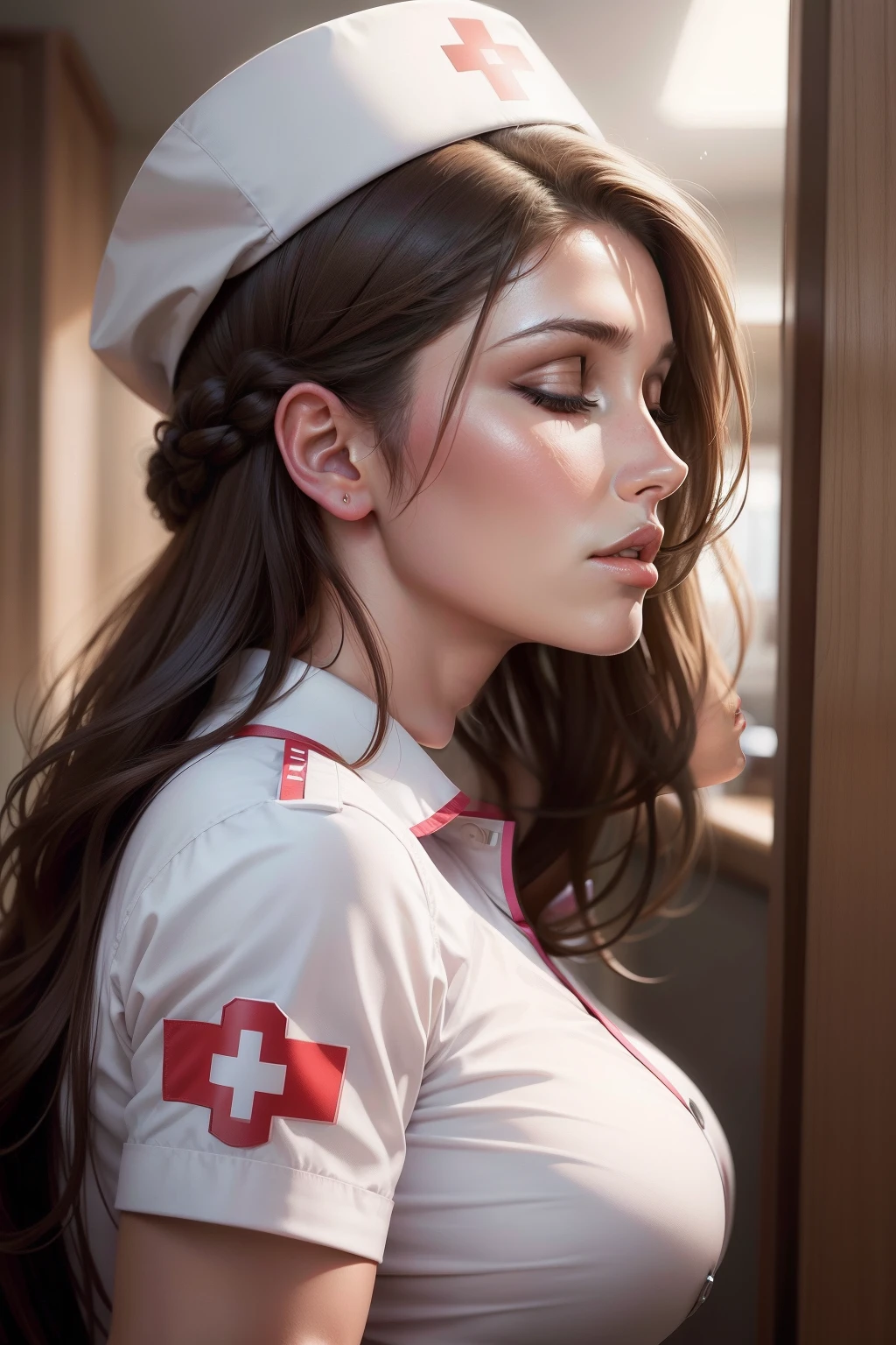 lucy pinder, portrait, profile, nurse, mouth wide open, eyes closed