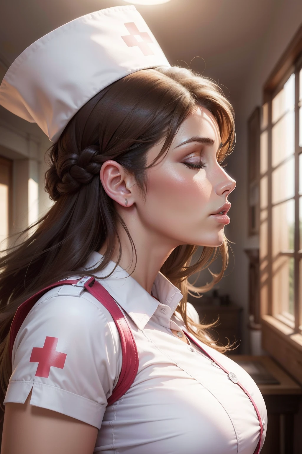 lucy pinder, portrait, profile, nurse, mouth wide open, eyes closed