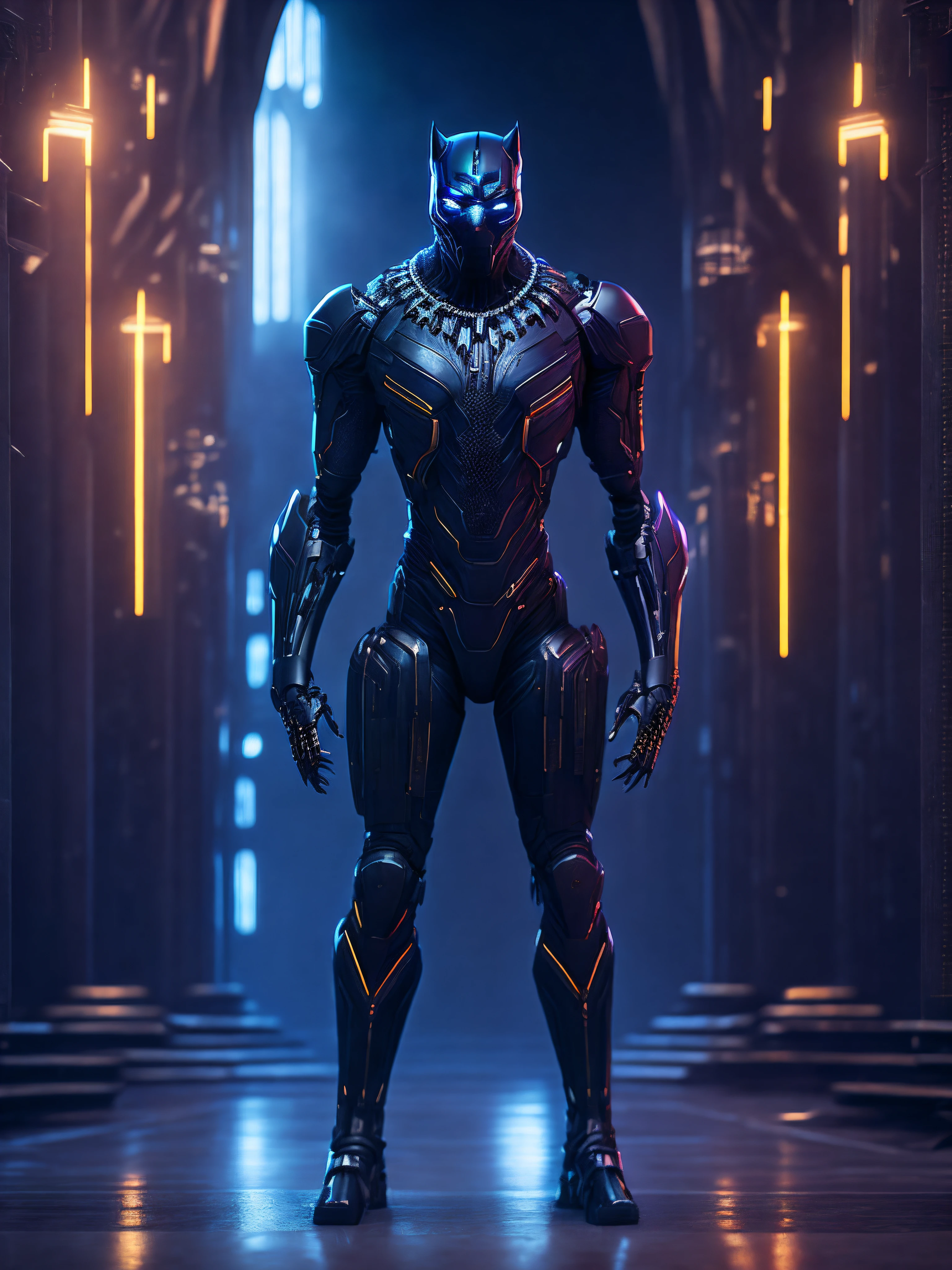 somber portrait of full body robotic Black Panther from Marvel with intricate angular cybernetic implants inside a brutalist building, gothic brutalist cathedral, cyberpunk, award-winning photo, bokeh, neon lights, cybernetic limb