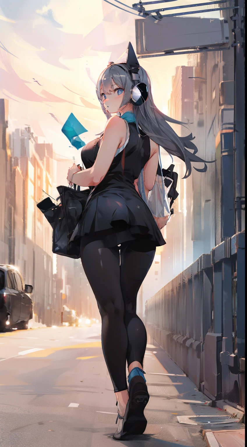 Girl, Long Black Hair, Slightly Grey, a little bit thicc, Blue-Grey Tank Top, Black Leggings, White Skirt, Headphones, Blue Eyes, Walking On Street, Smiling, White Skirt, backpack, a bit bigger thighs and hips, Headphones, hourglass figure,