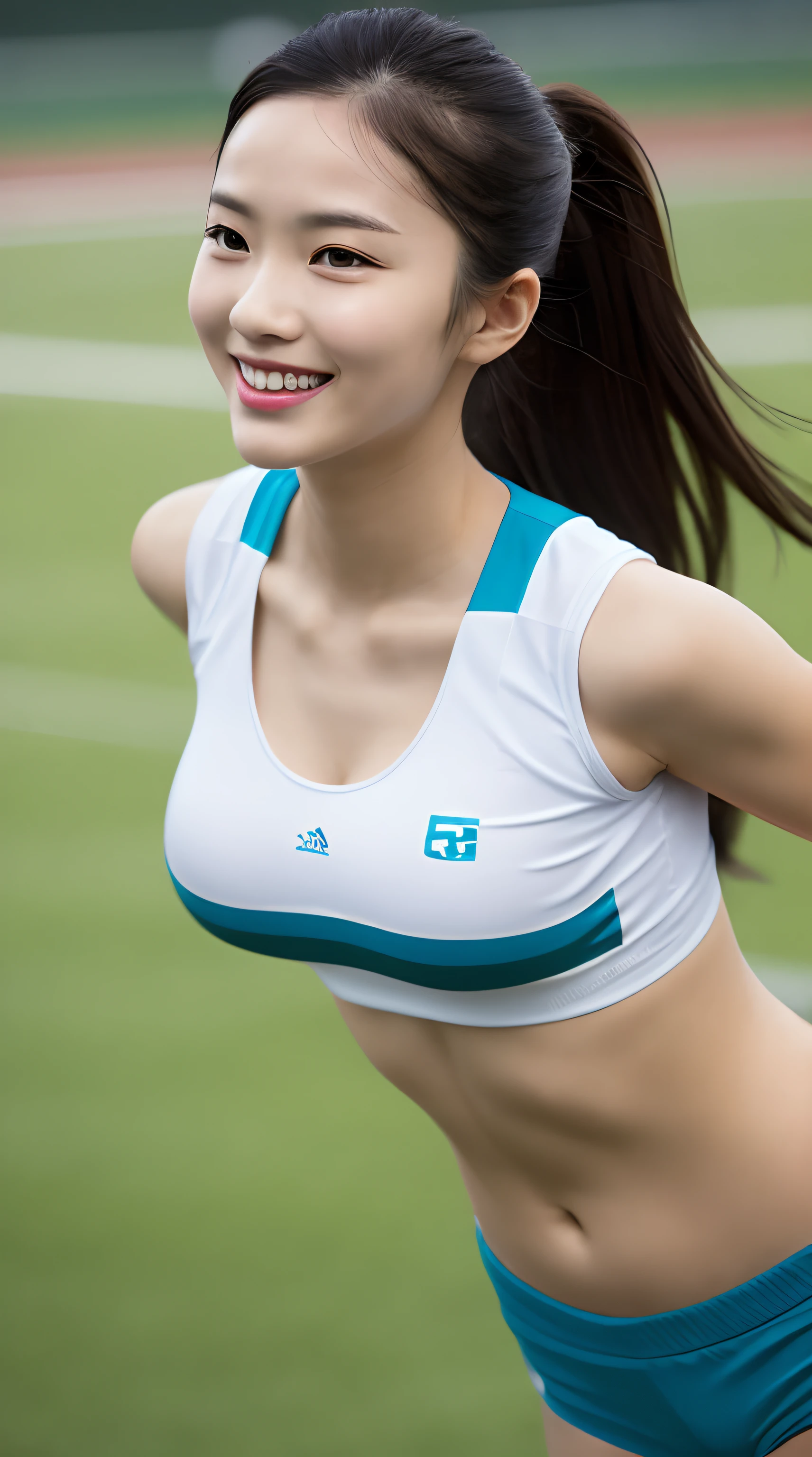 high-level image quality, masutepiece, Best Quality, Illustration, Ultra-detailed, finely detail, hight resolution, 8K Wallpapers, Perfect dynamic composition, Beautiful detailed eyes, Medium Hair, (Colossal tits:1.2), Natural Color Lip, Smile, sport uniform, short length of tank top, athletic field, Athletics track, shortpants, ((Tight abs:1.1)), blurry backround, big breasts thin waist