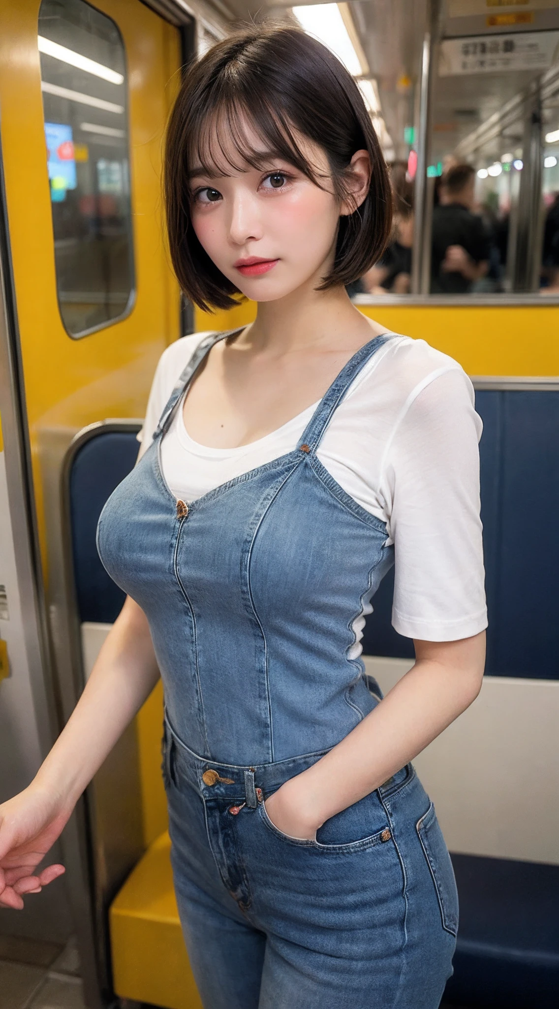 masutepiece, Best Quality, Ultra-detailed, finely detail, hight resolution, 8K, Perfect dynamic composition,On the train、((Face to face with a man))、((Men 2、1 female))、(A man touches my body)、(((A man grabs my chest)))、((Looking away))、bending forward、White Small T-Shirt、Skinny Jeans、A Japanese Lady、 Beautiful detailed eyes,  Medium short hair, Natural Color Lip,large full breasts、Red cheeks、bangss、Crying face、Turn your face down