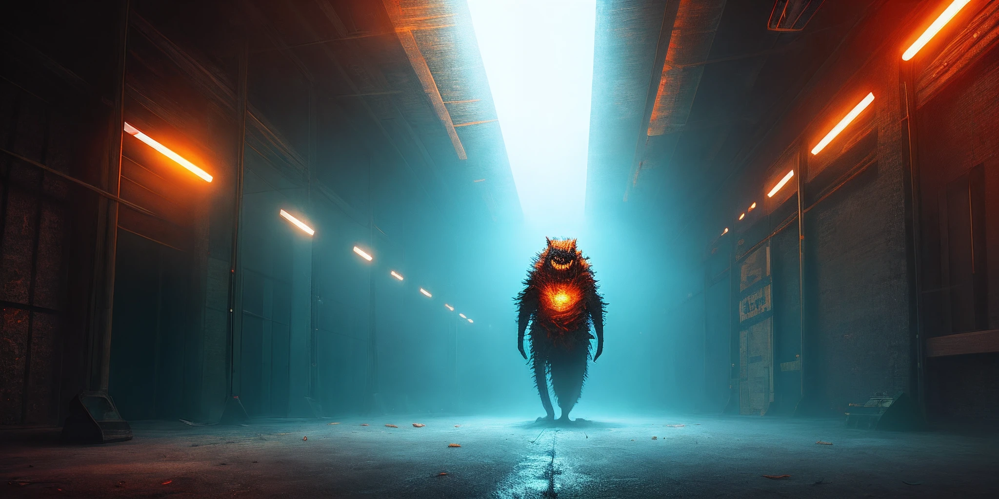 creepypasta monster inside a liminal space of nightmares in a dark warehouse, dynamic lighting, photorealistic, trending on art station, stunning visuals, foggy, creative, cinematic, ultra detailed, atmospherical, ambient lighting, scary art, bad quality, heavy film grain, desaturated, orange teal hue