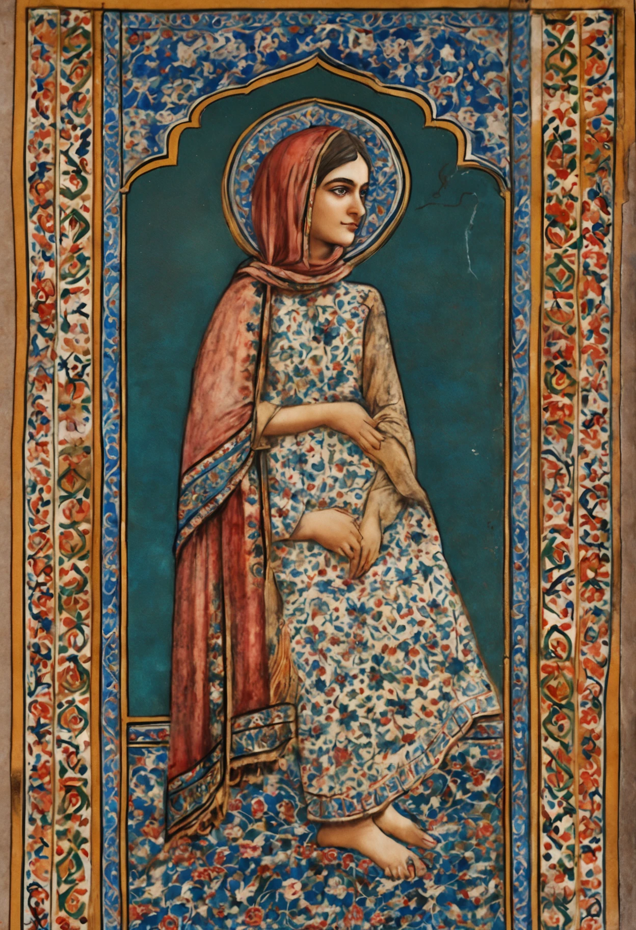 Old Iranian tiling, painting of a girl on a tile, old, Iranian, ceramic, real, very real, close-up, a tile, carpet painting, Iranian calligraphy, Iranian, beautiful, miniature, painting