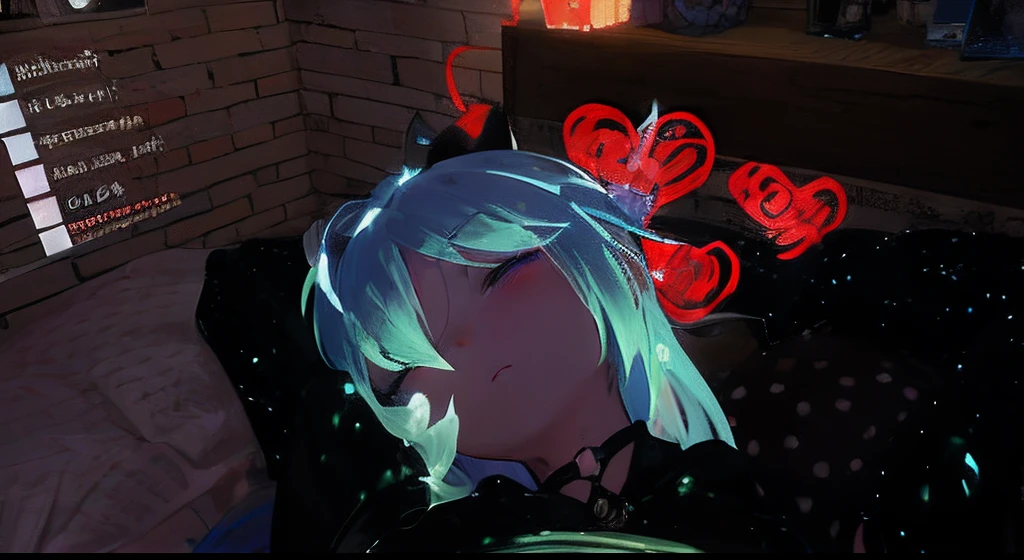 there is a cartoon image of a person with blue hair, tired haunted expression, vrchat, tired and haunted expression, sleeping princess!!!!, 2 b, 2b, an exhausted deity, (((((((no glow))))))), sleepy expression, with glowing eyes, glowing mint face, mikudayo, glowing head, sleepy, holding a pudica pose, asleep