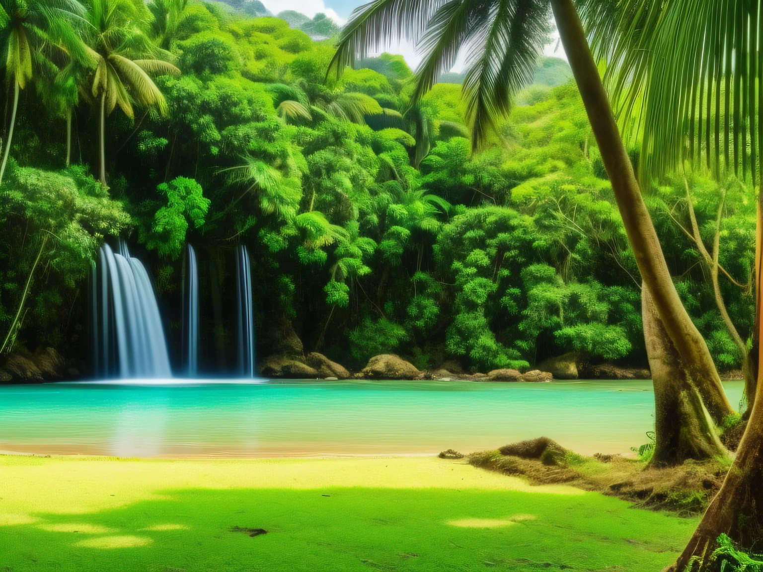 "PAISAJE DE SELVA TROPICAL, LUSH VEGETATION, PLANTAS, FLORES Y PALMERAS, de alta calidad y detalle, Ultra HD resolution."