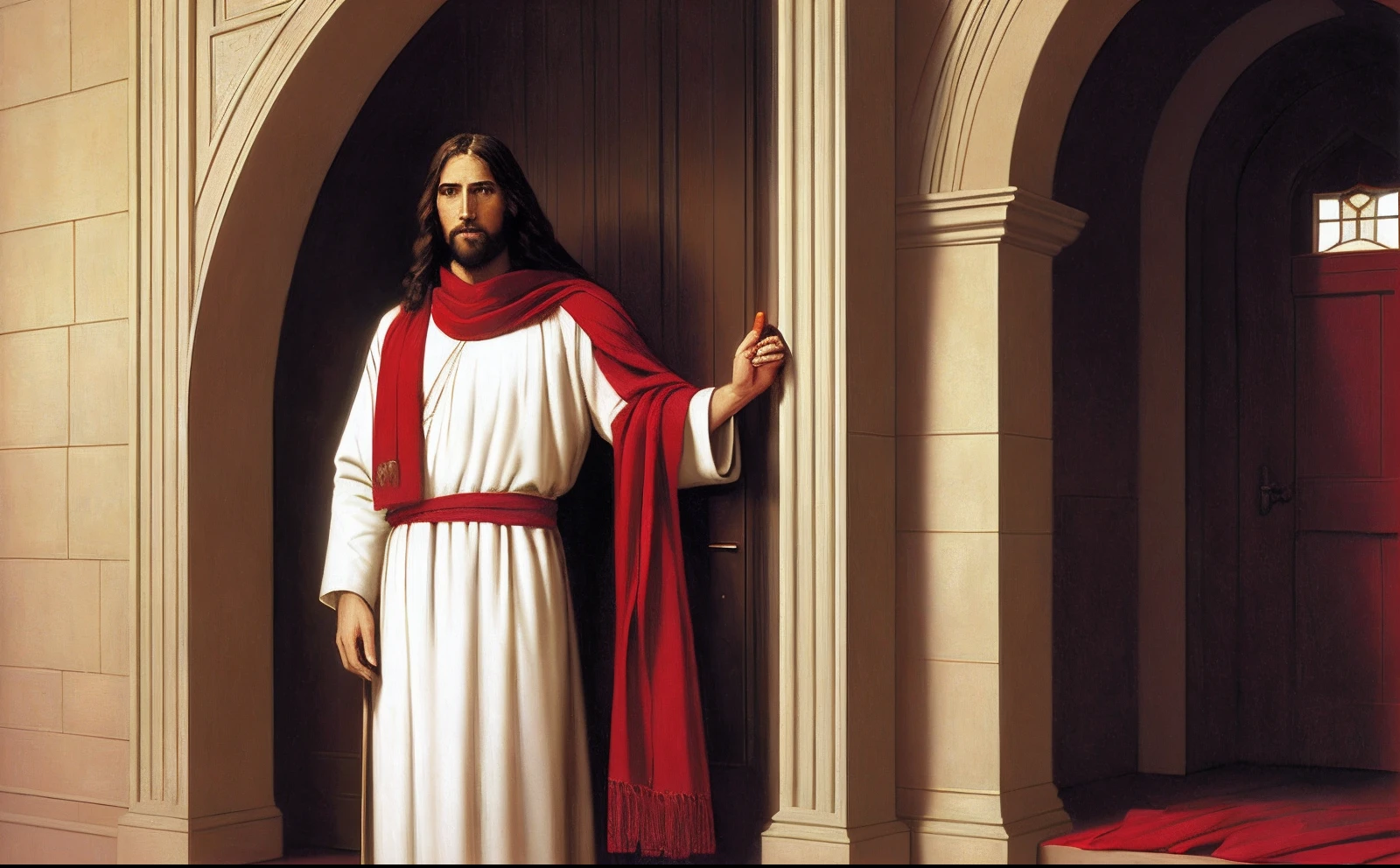 jesus standing in front of a doorway with a red scarf, greg olsen, he is greeting you warmly, jesus christ, the lord and savior, by Carl Heinrich Bloch, by Thomas Blackshear, by Scott Gustafson, portrait of jesus christ, jesus of nazareth, dressed like jesus christ, by Antonio Ciseri, by Harrington Mann, by Harold von Schmidt