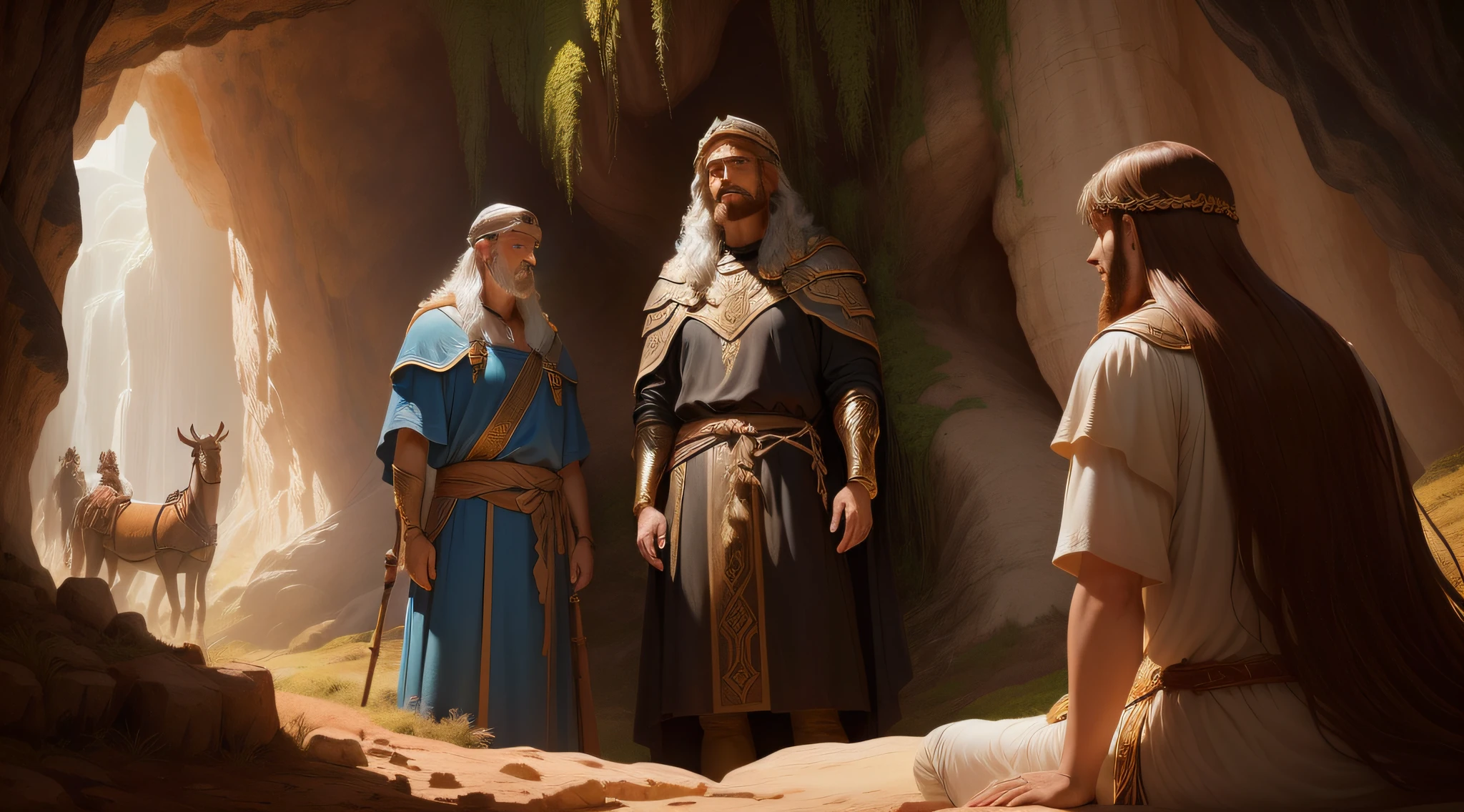 um rei na frente de uma caverna chamando por daniel, epic biblical representation , background: caverna Senhor das Bestas, Deus olhando para mim, Directed by: Howard Lyon, Senhor da Selva, bible illustration, biblical image, Directed by: Leonardo Longo, Rei da selva, prophetic art