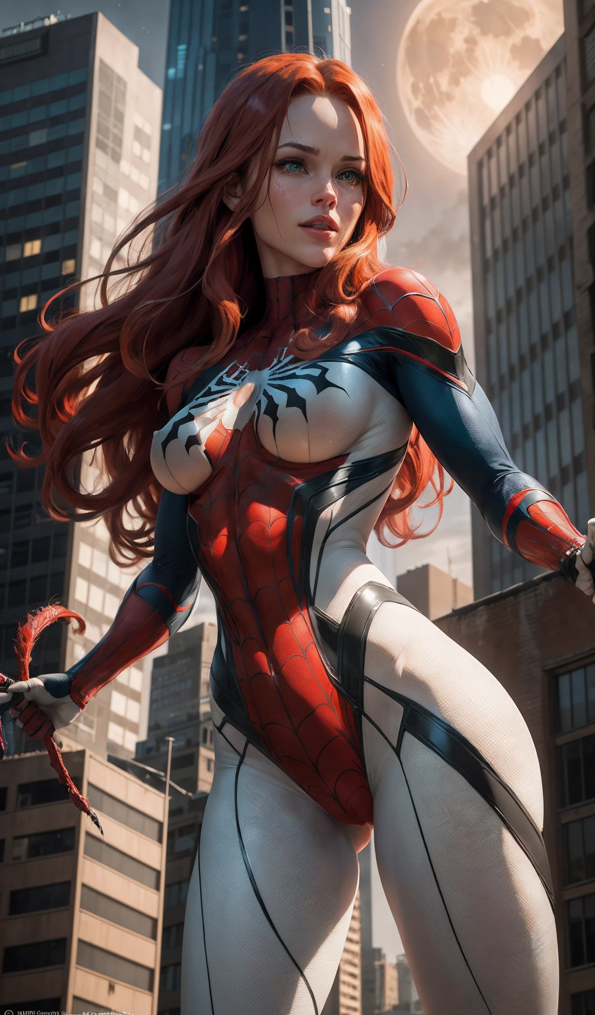 looks like Jennifer Garner from Alias TV series, ((topless)), ((bare breasts)), (rear view)), (Masterpiece, 4k resolution, ultra-realistic, very detailed), (White superhero theme, charismatic, there's a girl on top of town, wearing Spider-Man costume, she's a superhero), [ ((25 years), (long red hair:1.2), full body, (green eyes:1.2), ((Spider-Man pose),show of strength, jumping from one building to another), ((sandy urban environment):0.8)| (cityscape, at night, dynamic lights), (full moon))] # Explanation: The Prompt mainly describes a 4K painting of ultra-high definition, very realistic, very detailed. It shows a superheroine at the top of the city, wearing a Spider-Man costume. The theme in the painting is a white superhero theme, the female protagonist has long red hair, is 25 years old and her entire body is shown in the painting. In terms of portraying the actions of superheroines, spiders are employed, cameltoe, camel toe