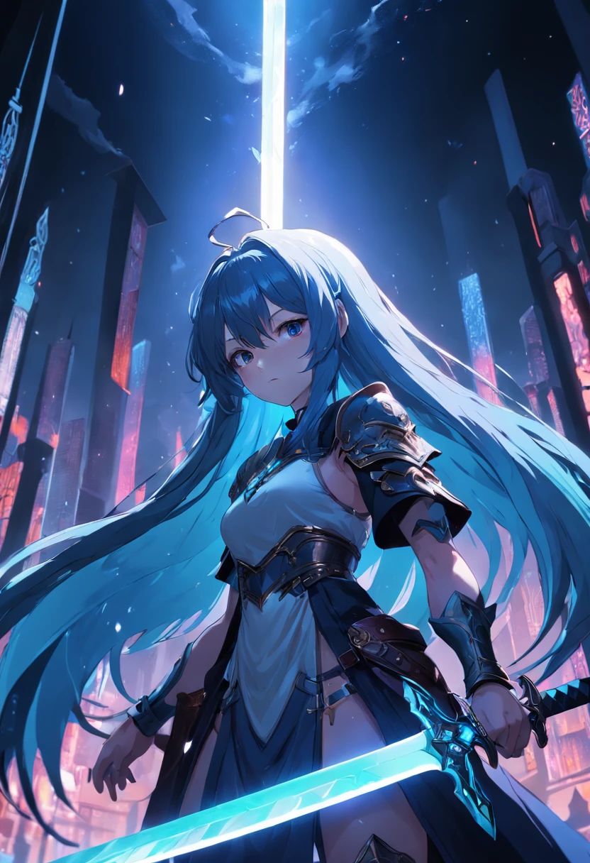Imagine a great sword, Blue neon effect, Dark theme, 4K, High quality, high details, MMO RPG style