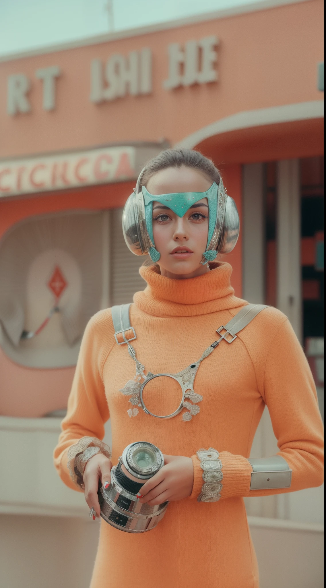 8k portrait of a 1960s science fiction film by Wes Anderson, Vogue anos 1960, pastels colors, There are people wearing weird futuristic masks and wearing extravagant retro fashion outfits and men and women wearing alien makeup and old ornaments with mechanical pets in town, Luz Natural, Psicodelia, futurista estranho, fotorrealista, hiper detalhado, foco nítido, Intrinsic, Fuji filmes 55mm,