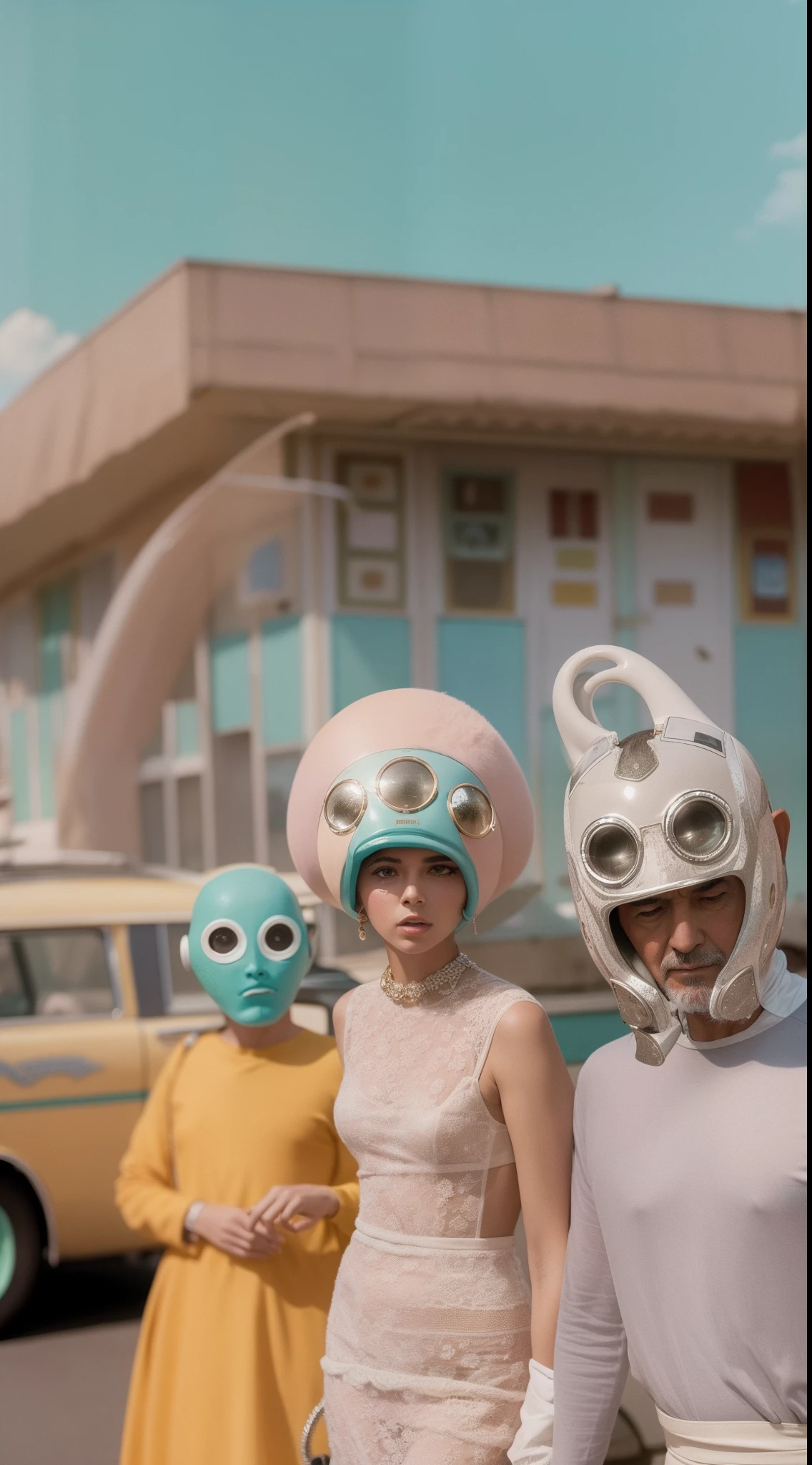 8k portrait of a 1960s science fiction film by Wes Anderson, Vogue anos 1960, pastels colors, There are people wearing weird futuristic masks and wearing extravagant retro fashion outfits and men and women wearing alien makeup and old ornaments with mechanical pets in town, Luz Natural, Psicodelia, futurista estranho, fotorrealista, hiper detalhado, foco nítido, Intrinsic, Fuji filmes 55mm,