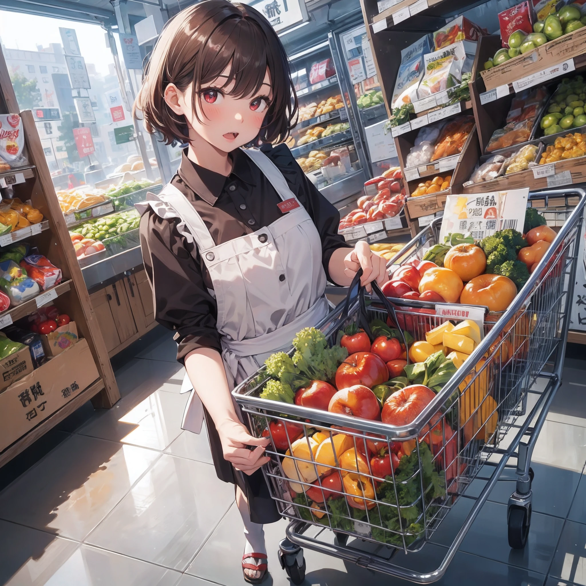 ​masterpiece, top-quality, college girls、 traditional maid, red blush, Opening Mouth, looking_at_viewer, red_eyes, red_hair, short_hair, 独奏, upper_body, Hold cart, foods, Crisp backgrounds, supermarket,, window,(​masterpiece、top-quality、hight resolution)　、Sprawl　a bed --auto --s2