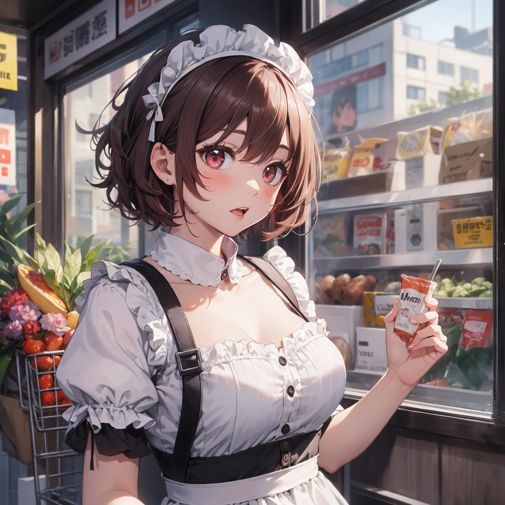 ​masterpiece, top-quality, college girls、 traditional maid, red blush, Opening Mouth, looking_at_viewer, red_eyes, red_hair, short_hair, 独奏, upper_body, Hold cart, foods, Crisp backgrounds, supermarket,, window,(​masterpiece、top-quality、hight resolution)　、Sprawl　a bed --auto --s2