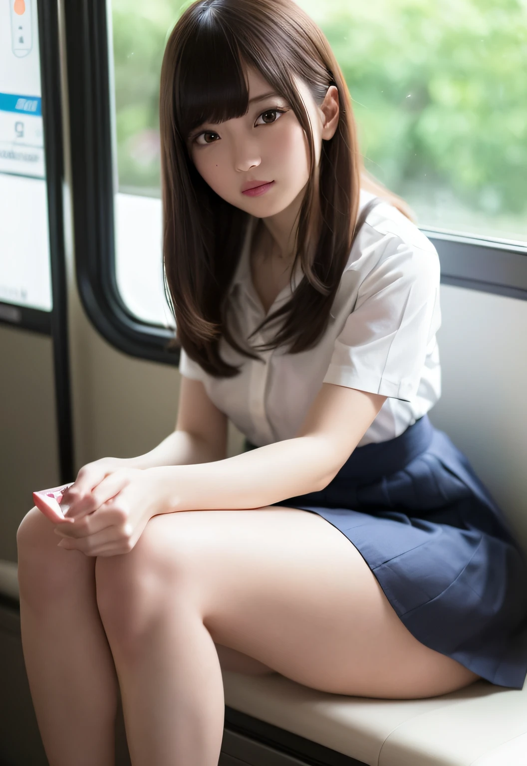 (Raw photography、top-quality)、female pervert(​masterpiece:1.4)、(8K、realisitic、Raw photo、top-quality:1.4)、japanes、(1girl in)、beauitful face、(Real Face:1.4)、(Caramel hair、Bob Hair Hair:1.3)、Beautiful hairstyle、realisticeyes、Beautiful Detail Eye、(Real Skin:1.3)、Beautiful skin、enticing、超A high resolution、A hyper-realistic、high-detail、the golden ratio、(详细的脸:1.4)、high-school uniform、Cotton white underwear and pleated skirt、knee-bendings sitting、tiptoe、bare-legged、NSFW、 Pose(Bend your knees and open your legs)、(showing the panty)、realisitic、Photorealsitic:1.3)、top-quality、​masterpiece、extremely delicate and beautiful、A highly detailed、nffsw、A sense of unity、2k wallpaper、magnifica、Beautiful in every detail、​masterpiece、浅笑、top-quality、Highly detailed ticker Unity 8K wallpapers、huge filesize、ultra-detailliert、hight resolution、ighly detailed、Slim body、A slender、(Bob Hair Hair)、(brown haired)、looking at viewert、Normal、C Cup、NSFW、、、、PureFace_v1:0.8. High School Girl、shortsleeves、White Short Sleeve Cutter Shirt、Dark blue pleated skirt、Panties are perfectly visible from the skirt、Girl sitting on train seat、When viewed from the opposite seat, The panties in the skirt are fully visible、Sit in a train seat with your legs spread、It is important that the panties are visible、