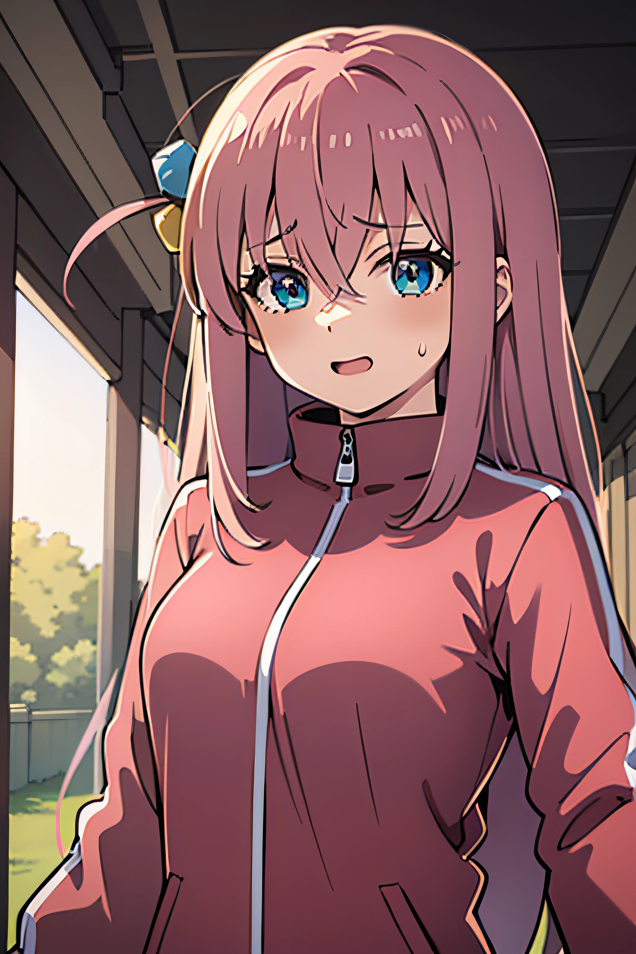 gotou hitori, anime sytle beautiful woman, solo, pink jacket, track jacket, bangs, hair between eyes, long sleeves, upper body, sweatdrop, happy, red face, cowboy shot, first person view, large breasts, ((best quality, highres, highest quality, high resolution))
