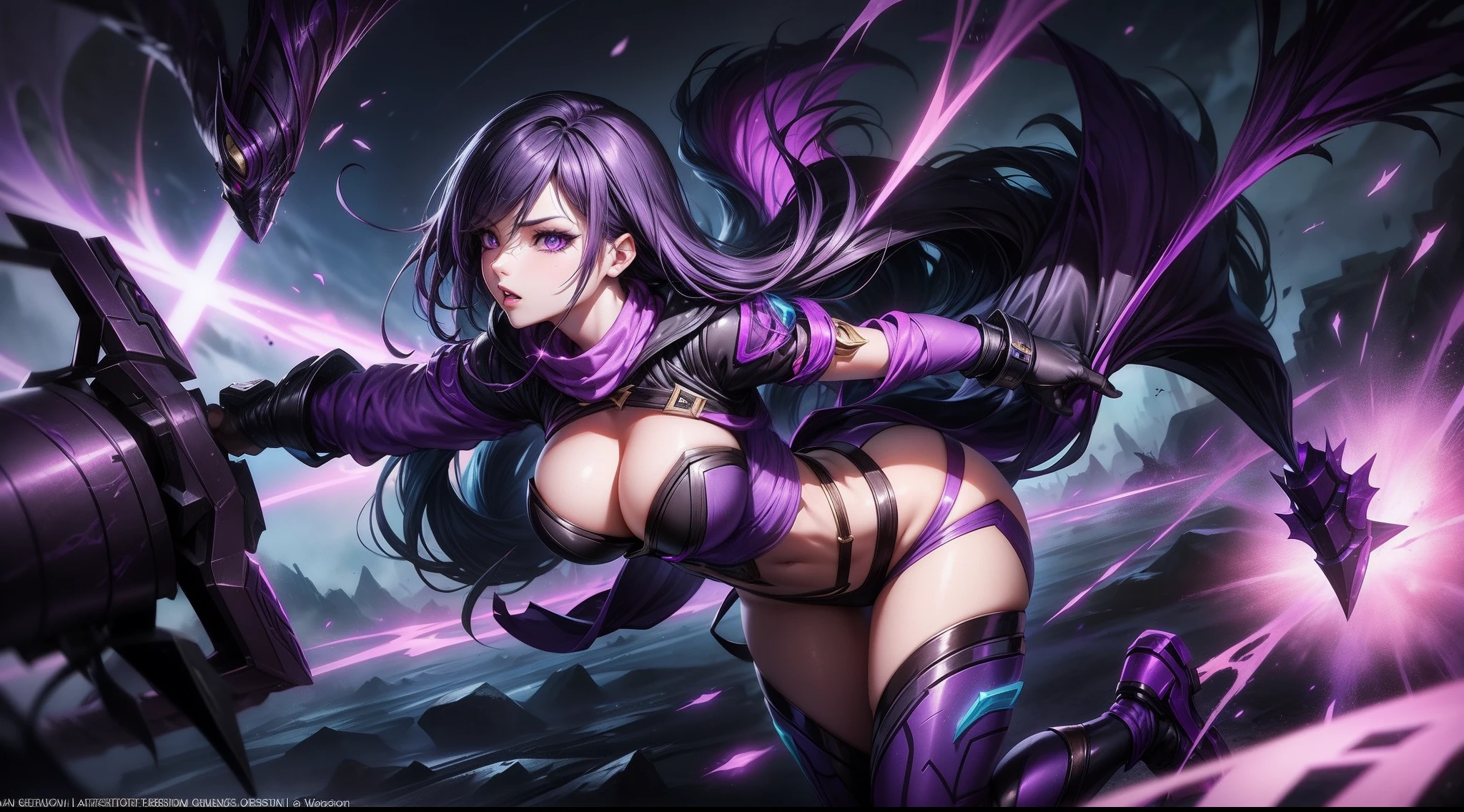 Kai'sa from League of Legends, dark gray and purple wings, purple hair, purple pest insects around, fighting in desert, riot splash art, league of legends ad carry marksman