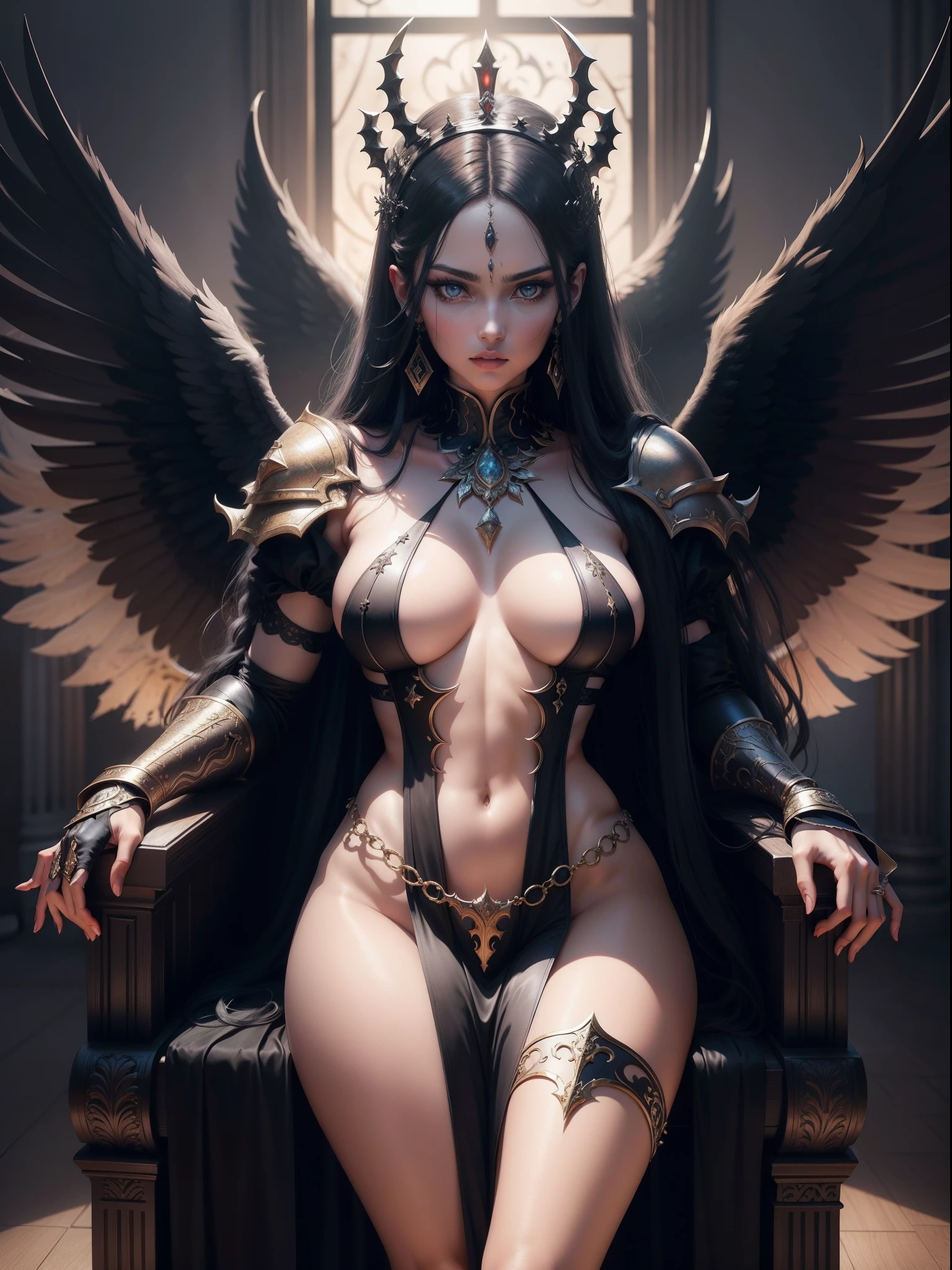 The demons,goddes,a queen,a throne,Wings,Long hair,Devil hair ornaments,Raised sexy,Tall,high and cold,Domineering,Armor,large scene,Dark tones,light and dark,high detal,high qulity,8K quality e diferentes rosto em cada corpo diferente demonio linda e sedutora