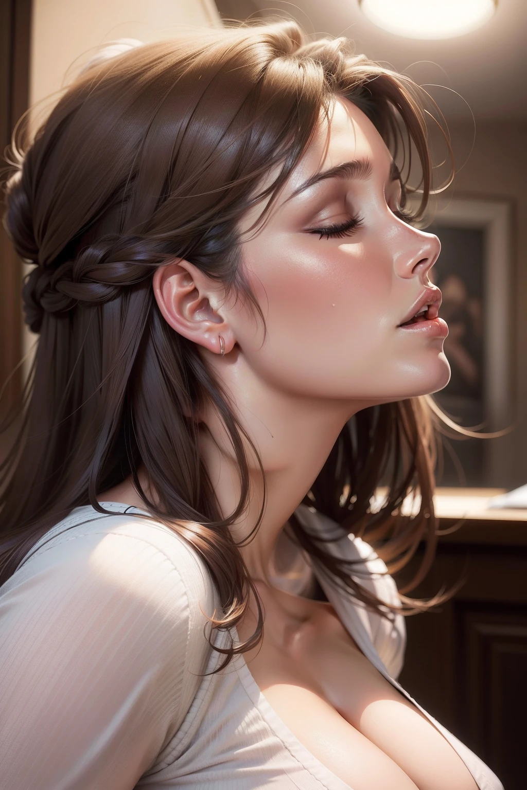 lucy pinder, portrait, profile, looking up, model, mouth wide open, eyes closed
