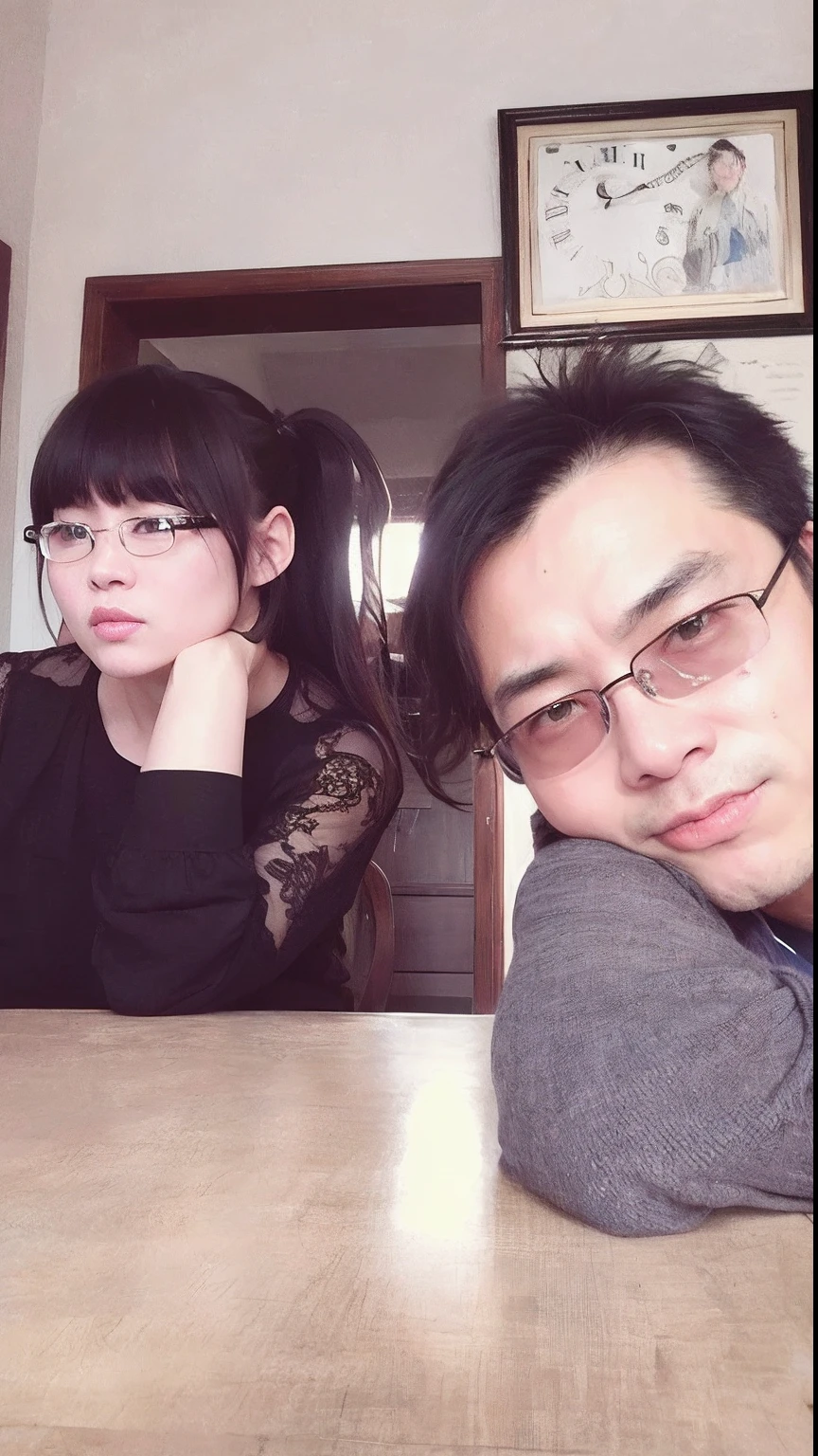 There are two people sitting at a table，The background is the clock, Ruan Jia and Fenghua Zhong, ruan jia and brom, yiqiang and shurakrgt, cute couple, they are very serious, zmonzheng, profile picture 1024px, with her long, Ayami Kojima and Yoshitaka Amano