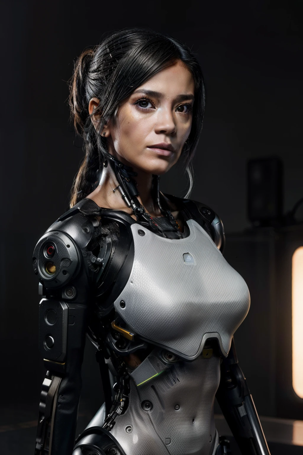 Foto realista, cinematic effect, poco desenfoque, Cyberpunk chica cyborg sin cabello de cuerpo completo conectado por cables a un servidor, ambiente oscuro con neblina, laboratorio, Biomechanical parts, Bionic eyes, cuerpo de metal de color blanco, ambiente Cyberpunk, estilo matrix y blade runner,