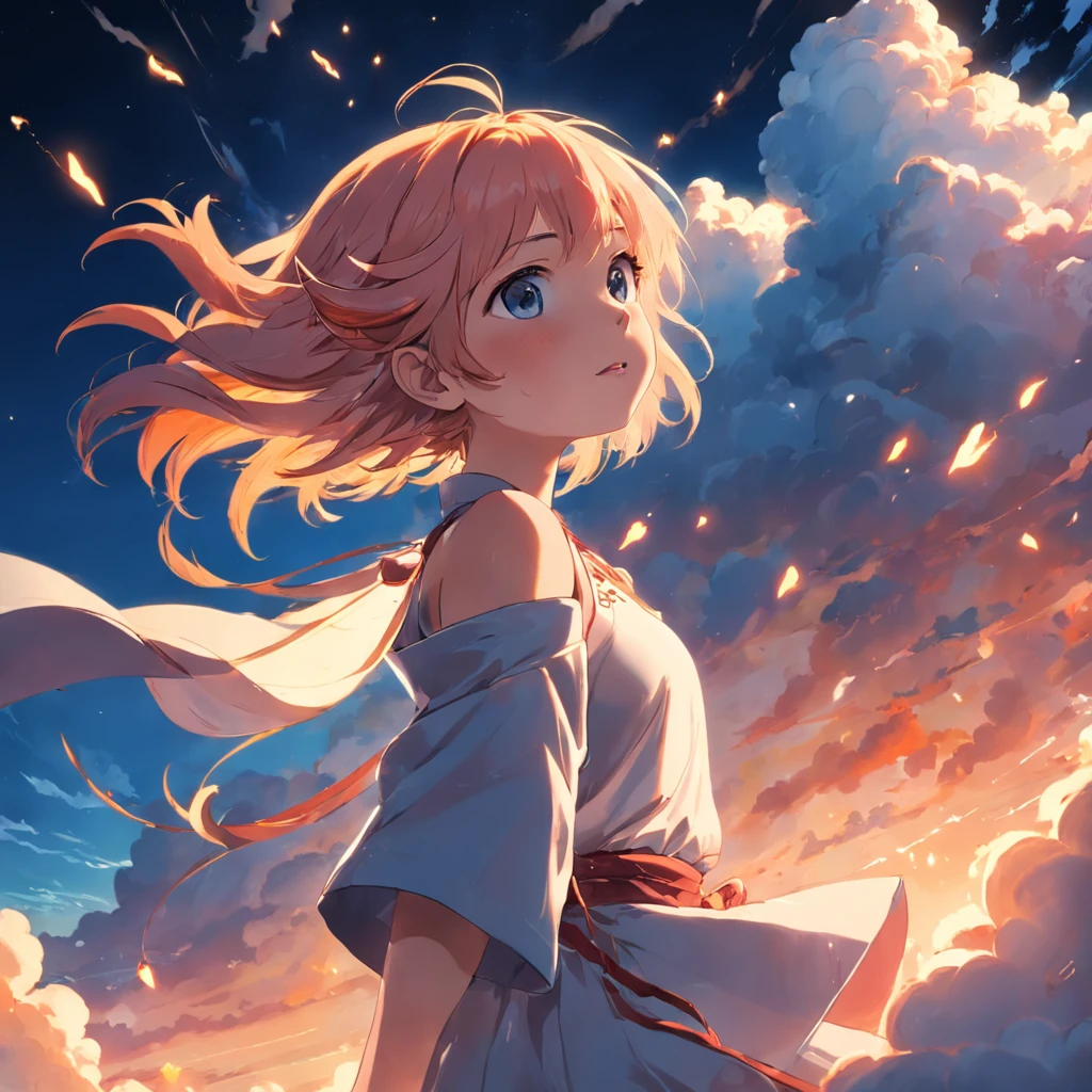masterpiece, best quality, movie still, 1girl, cloud girl, floating in the sky, close-up, bright, happy, warm soft lighting, sunset, (sparks:0.7)