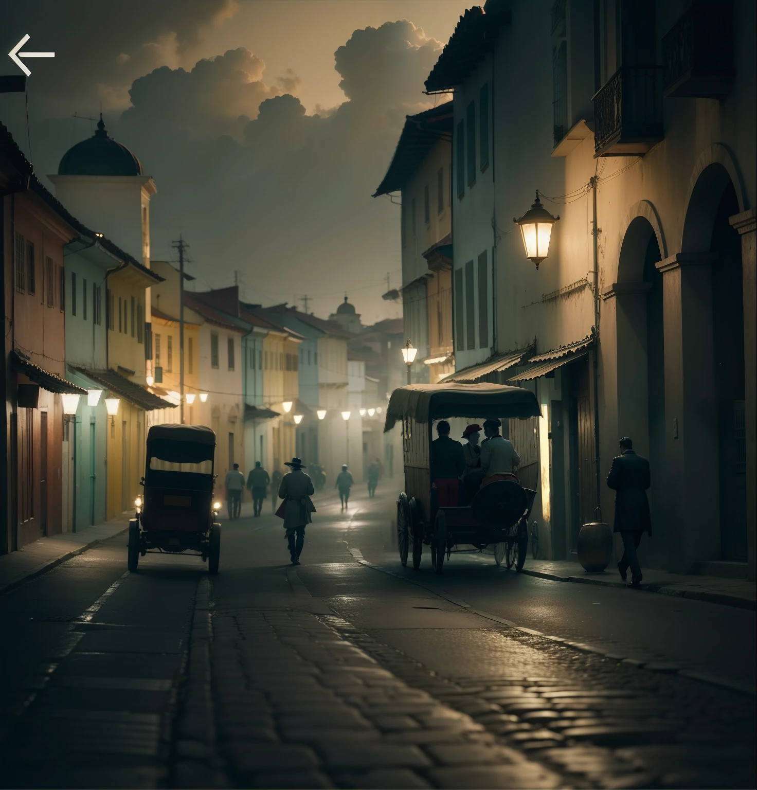 "Rua estrelada com grande movimento em Salvador no ano de 1800. Vida noturna movimentada, soft-lighting, cobbled streets, casas coloniais imponentes, Bright lamps and two men talking seriously."