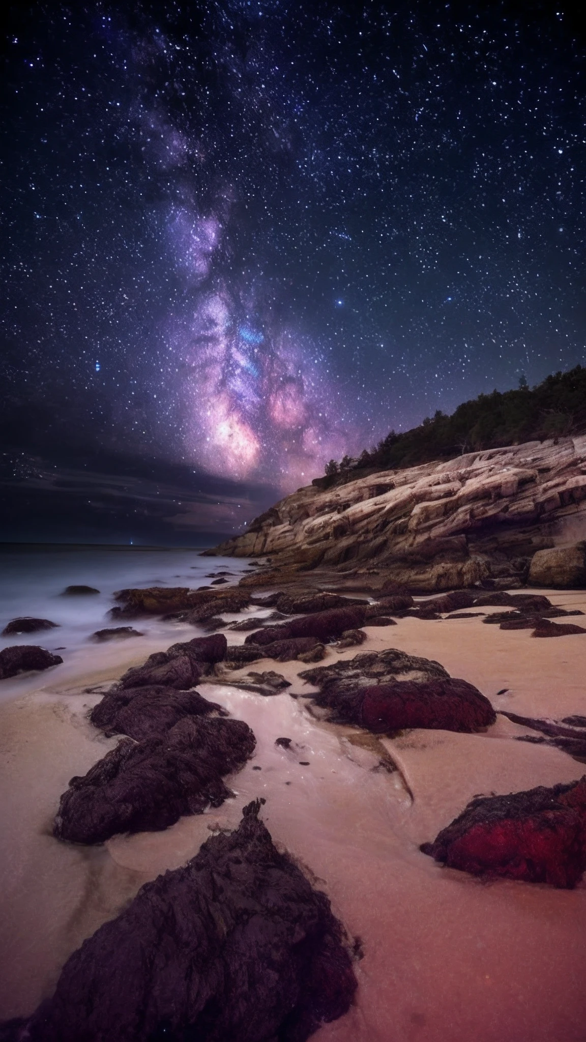 starry sky bright，A rocky beach with blue eyes，There is a stream of water, milkyway light, breathtaking stars, Magical beach, Rhode island, Starry Sky 8 K, author：Alexander Robertson, night sky photography, author：Andrew Domachowski, ocean pattern and night sky, by Greg Rutkowski, by Greg Rutkowski, author：Bernardino May, dreamy night, milky ways, author：Chris Lalis