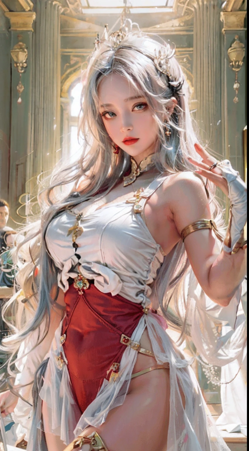 Ultra realistic 8K CG, Picture-perfect face, flawless, clean, masutepiece, Professional artwork, famousartwork, Cinematic lighting, Cinematic bloom, Perfect face,(年轻:1.2)(Voluptuous),((20yr old)), Beautiful face, Beautiful eyes,(:1.1), (((Perfect female body, Narrow waist))), young princess, royal, divine, Goddess, godlike, (the royal palace), Fantasy, Dreams, Unreal, Science fiction, (Normal breasts:1.2), Beautiful clothes, Lace, Lace trim, Lace-trimmed legwear, NSFW,, absurdly long hair, Very long hair, (Rich:1.4), Necklace, earrings, Bracelet, armlet, Looking at Viewer,(thong:1), (There are up to 5 fingers on the hand), (Red Lip), shenhe \(GenshinImpact\)