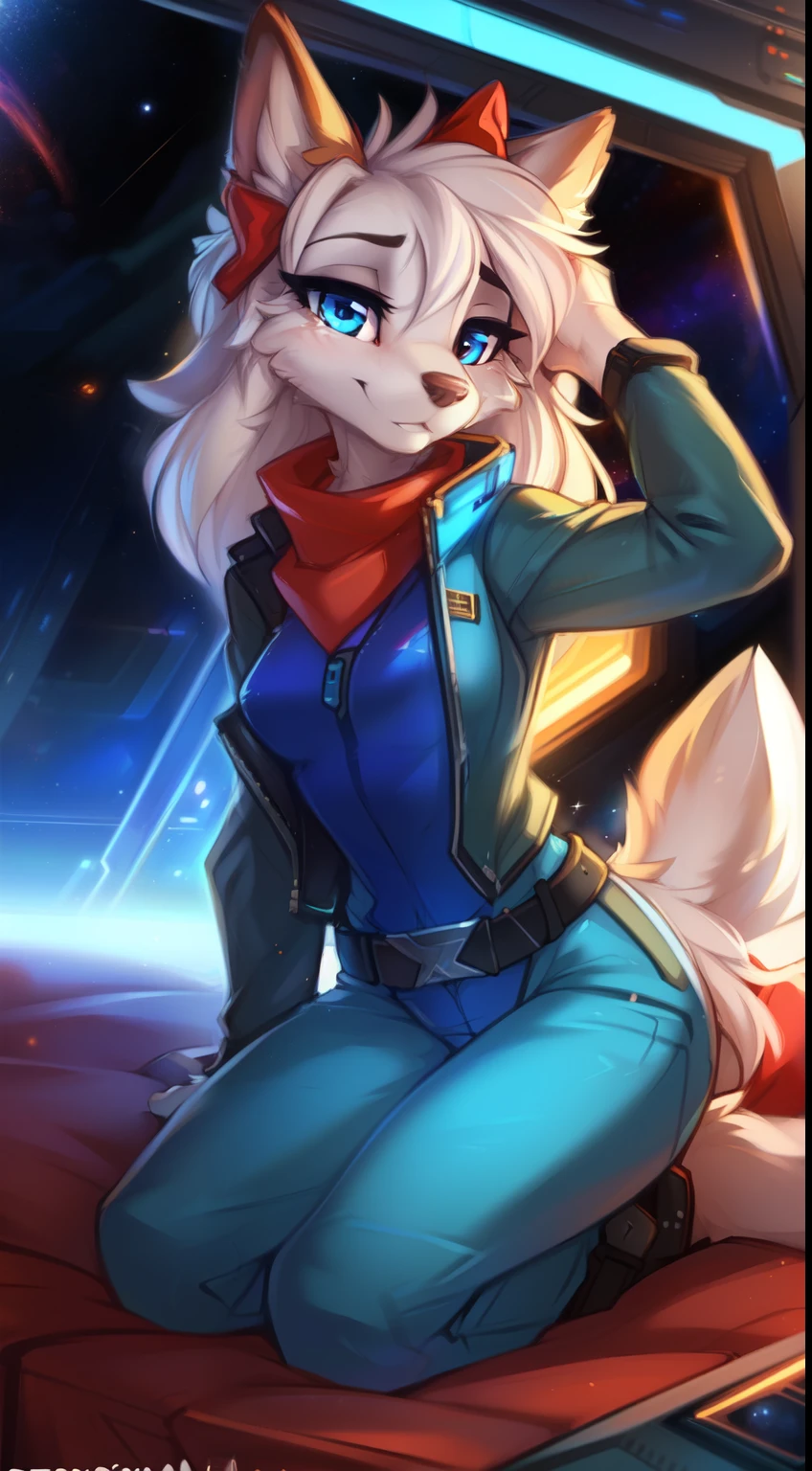 fayspaniel, furry female anthro, portrait, close-up, red bow, aqua jumpsuit, cropped jacket, grey jacket, red scarf, belt, solo, (body fur:1.2), (best quality), (detailed space jet background:1.2), dramatic lighting, (detailed fluffy fur:1.1), looking at viewer,  medium breasts,  white ears, full body, kneeling, hands on head, spaceship bedroom, (by kenket, Ross Tran, ruan jia, zaush, foxovh, by Zackary911, by hyattlen, by teranen, by fumiko, by Pixelsketcher, by Bayard Wu, by Thomas Benjamin Kennington, by Einshelm, by Kilinah, by Coffeesoda, by Hioshiru, by fluff-kevlar, by r-mk, by Dimwitdog)