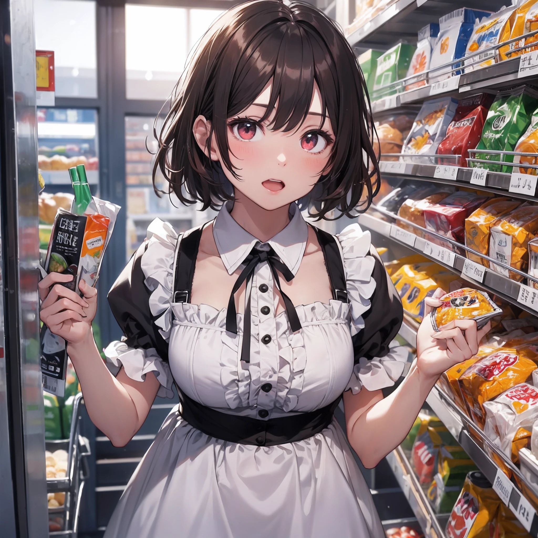 ​masterpiece, top-quality, college girls、 traditional maid, red blush, Opening Mouth, looking_at_viewer, red_eyes, red_hair, short_hair, 独奏, upper_body, Hold cart, foods, Crisp backgrounds, supermarket,, window,(​masterpiece、top-quality、hight resolution)　、Sprawl　a bed --auto --s2