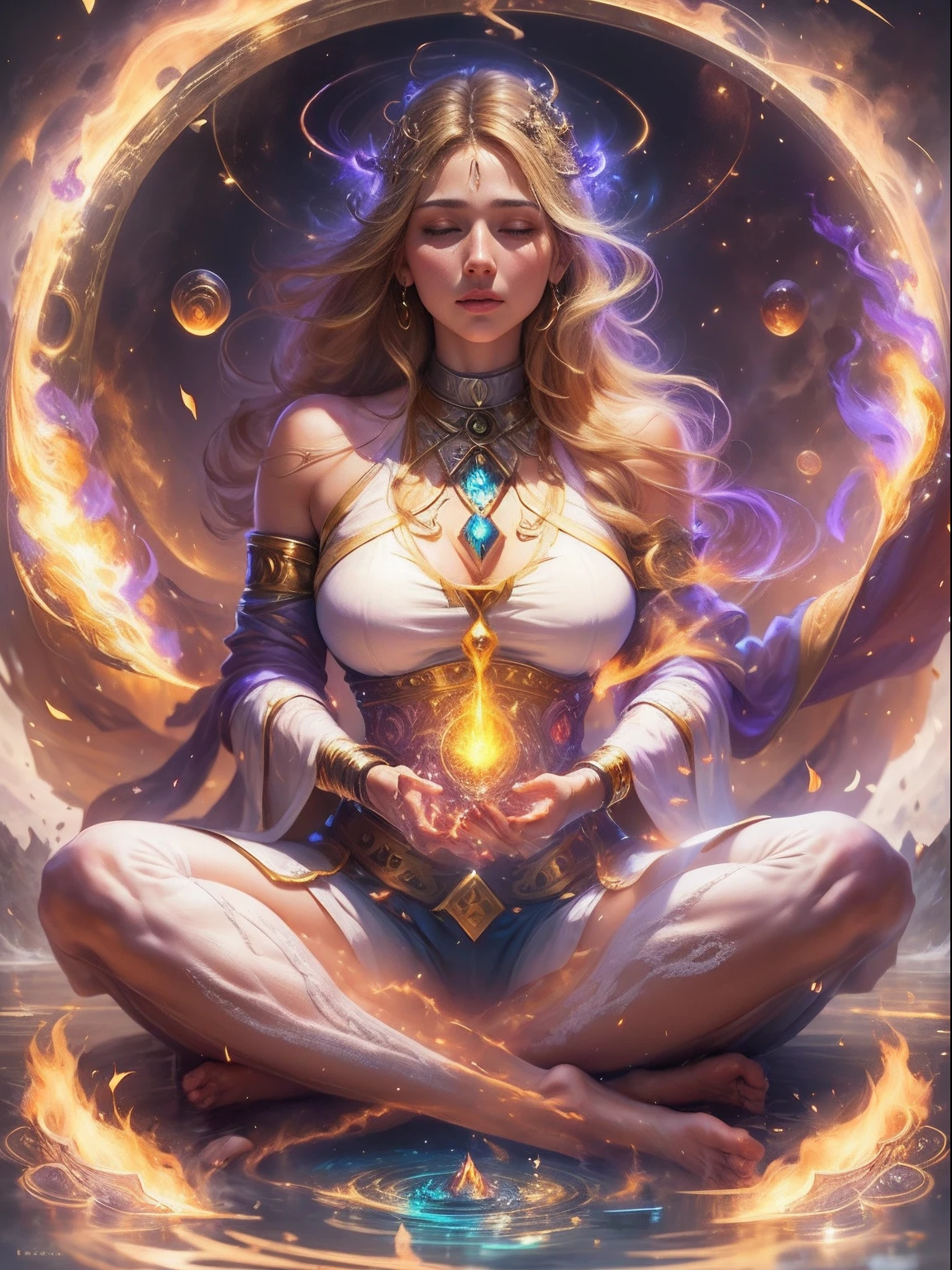 Immortal goddess, super beautiful, 8k, super big breasts, meditating, light white cloth covering part of her body, sitting cross-legged, golden glowing magic circle rotating behind her, magical aura surrounding her parts, magical, fantasy, milky way background, (4 elements, fire, water, wind, earth, surround it),