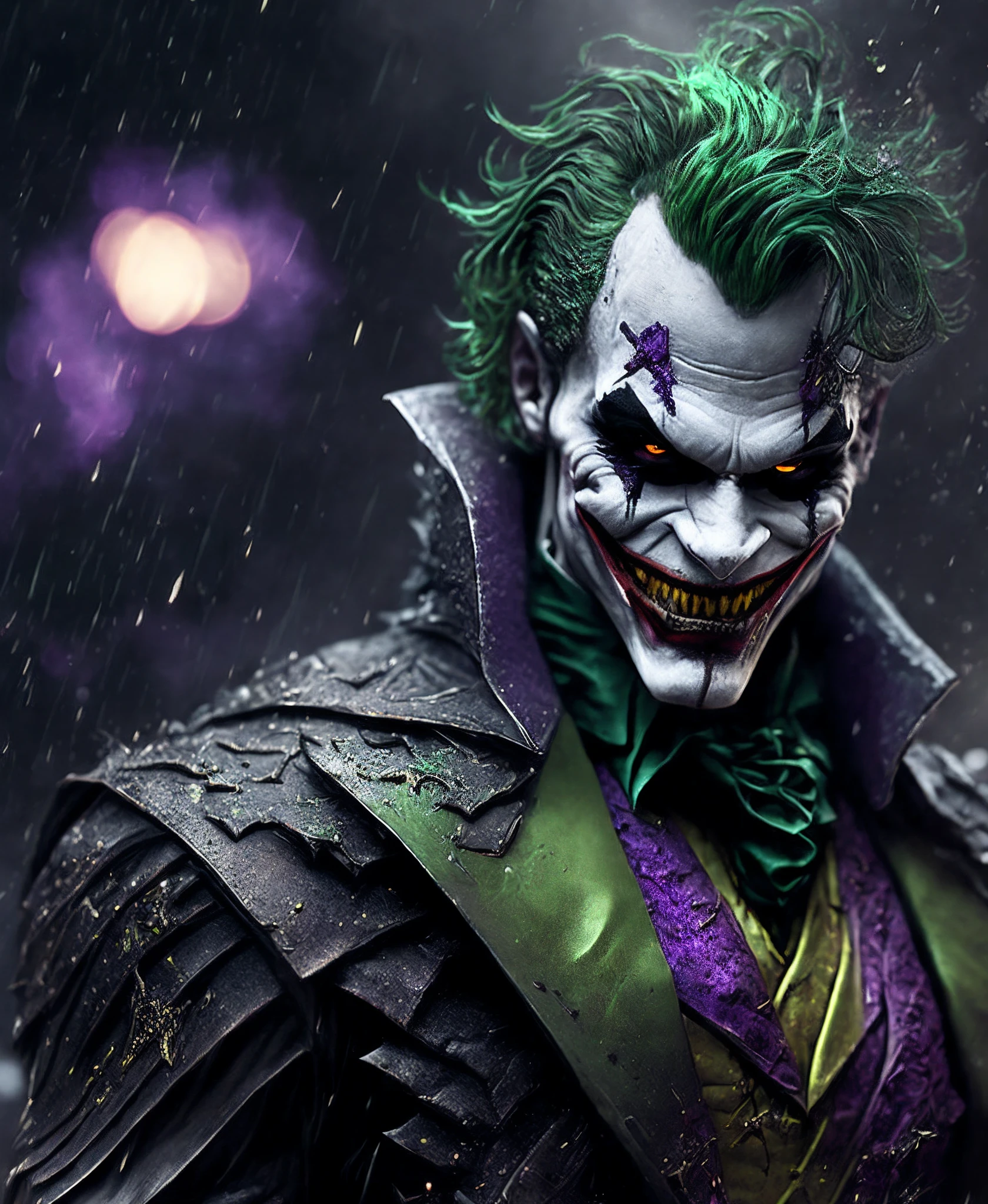 somber portrait of Joker from DC with intricate angular cybernetic implants inside a brutalist building, gothic brutalist cathedral, cyberpunk, award-winning photo, bokeh, neon lights, cybernetic limb