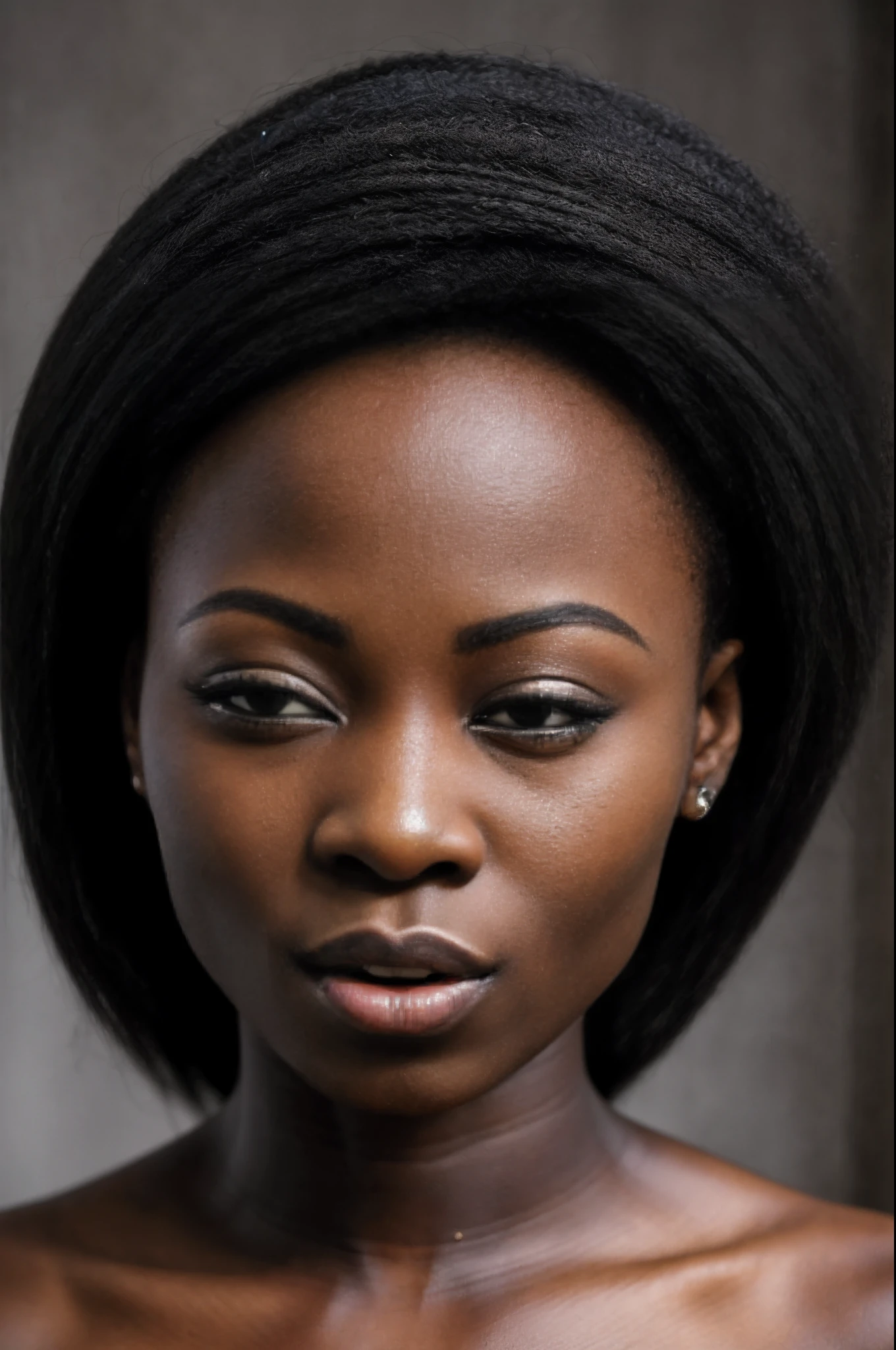 portrait of Ebony Nigerian girl, 4k, (Shallow Focus: 1.4), (Sharp Focus:1.4), Nigerian girl, (((((Nigerian girl in provocative:1.4)))), (translucent body, smooth translucent black skin:1.0), Nigerian girl posing sensually during midsummer, (((Nigerian girl has a provocative and winking expression:1.4)))), sweaty 4k, open mouth, ((Girl needs affection:1.6)), heavy breathing, (drooling:1.0), drooping eyes, half-closed eyes, sagging, depth of field