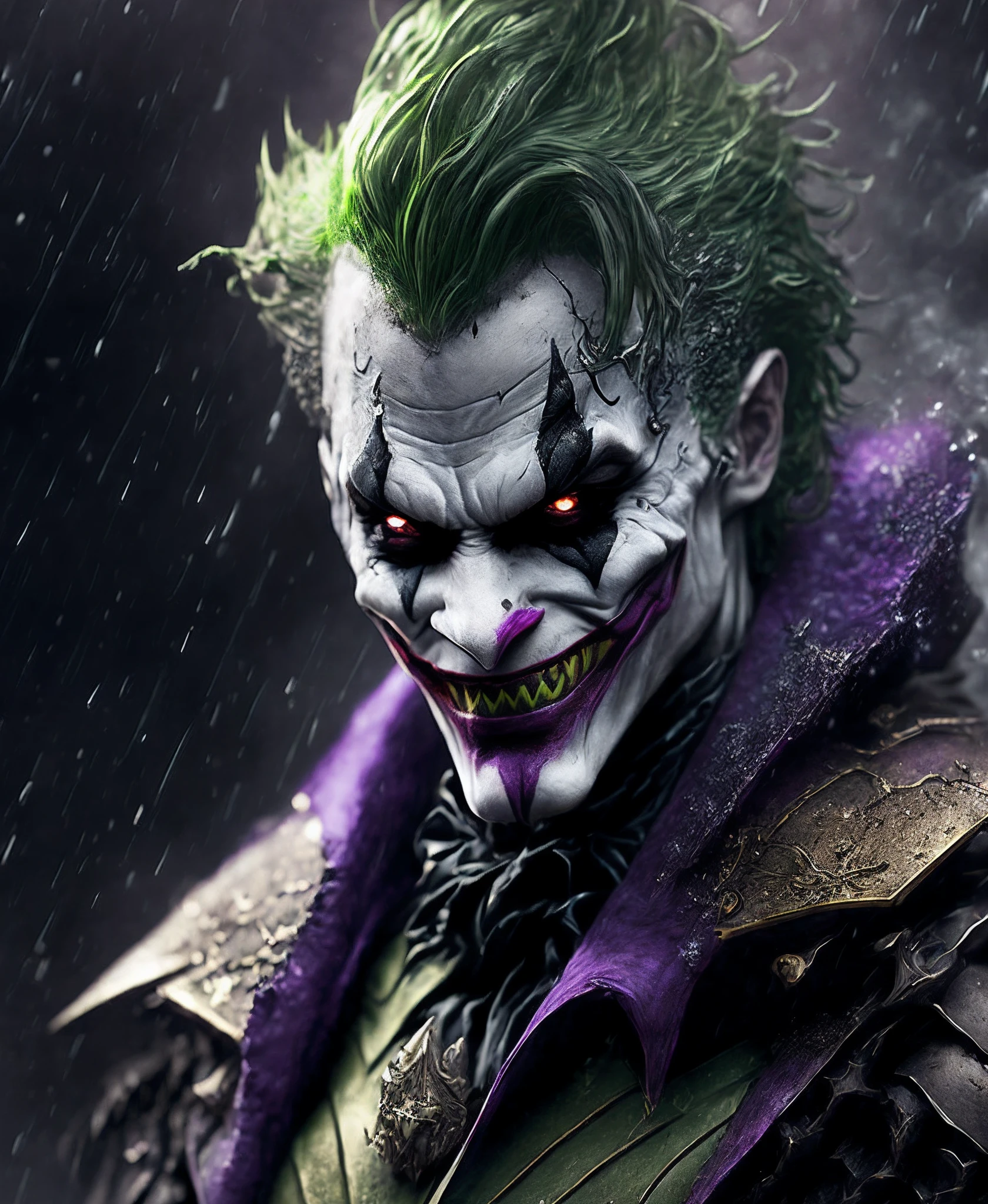 Close-up (Joker from DC in Viking style: 1.3) emerging from wet black mud, extremely detailed, smoke, sparks, metal shavings, flying debris, volumetric light