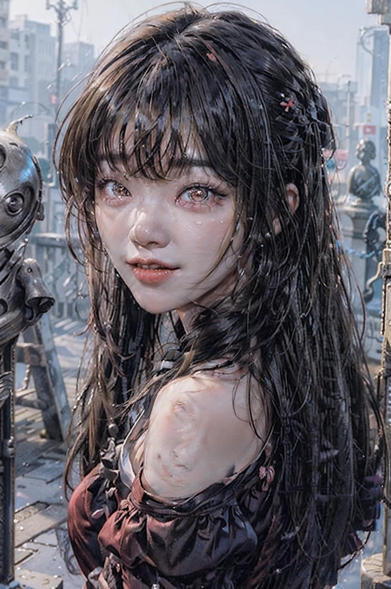 1 girl, wet skin, sinister, female, thin, pale, looking at the camera, ultra realistic, fully detailed, cemetery environment, bright eyes, black shirt,   putrid wounds, , terrifying, bruised by the body, \ slight smile, super detailed, black short hair,  upper body,