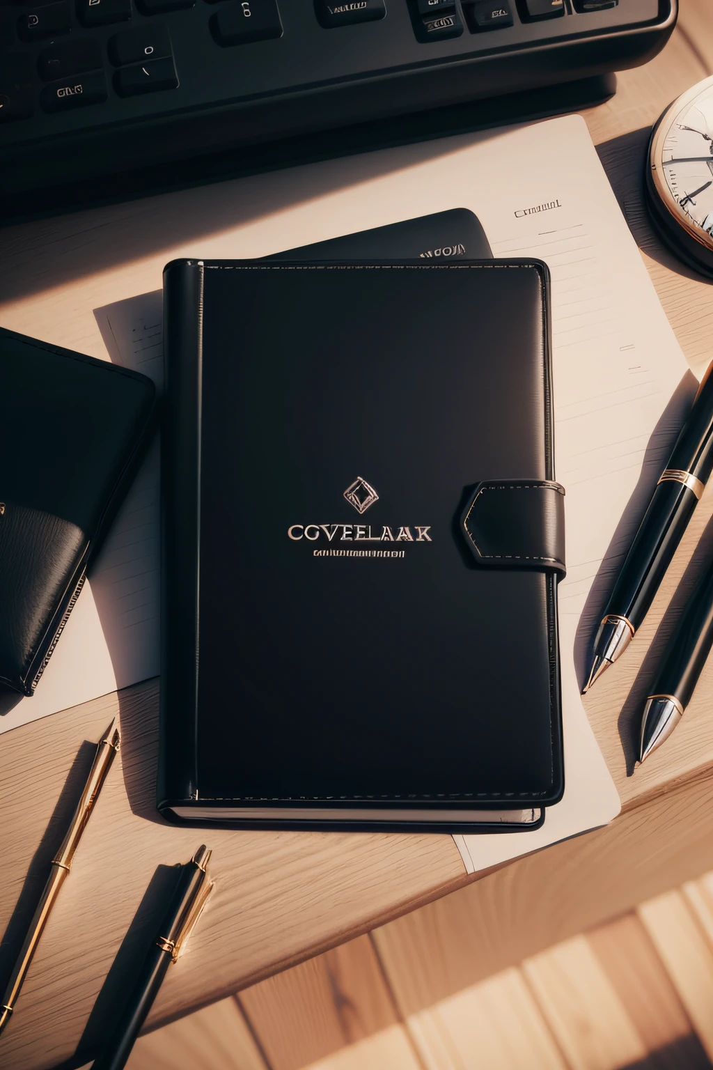 description: Cover of a financial advisory business proposal
Features: Make a modern style with the background in black color 
Scenario: Calculadoras,  agenda, Montblanc Pen
Share: Objects on a meeting table
Quality: Foto ultra realista, qualidade 8k, fullhd: