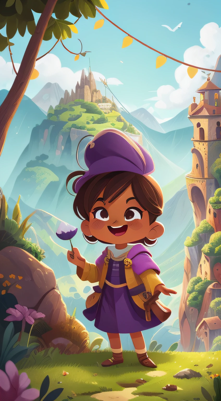 Cartoon illustration of an adult magician floating with tanned skin who is performing a spell on the tip of a mountain, Arte infantil en ArtStation, Beautiful artistic style, LinDo arte Digital DetallaDo, Woman dressed in violet with a face of happiness and concentration, ADorable pintura Digital, Hermoso arte digital, lindas ilustraciones detalladas, Lindo personaje de dibujos animados, Pintura realista de mujer con piel color canela, Cartoon Artstyle, illustration cute, Mobile Game Art, lindo estilo de dibujos animados, procreate illustration.
The setting is a mountain that can be seen in the distance beneath a medieval town crag, sonriendo, de manera tierna, Woman's face showing joy and rasosinio, Calidad perfecta, enfoque claro (desorden - espacio: 0.8), (obra maestra: 1.2) (realista: 0.4) (mejor calidad) (Piel detallada: 1.2) (Detalles complejos) (8k) (ojos detallados, en todos los personajes) (Desenfoque de borde), (feliz) cuerpo completo, fondo limpio, long vision composition, disparo de f2.8