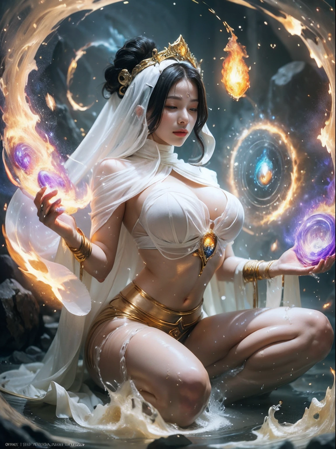 Immortal goddess, super beautiful, 8k, super big breasts, meditating, light white cloth covering part of her body, sitting cross-legged, golden glowing magic circle rotating behind her, magical aura surrounding her parts, magical, fantasy, milky way background, (4 elements, fire, water, wind, earth, surround it),