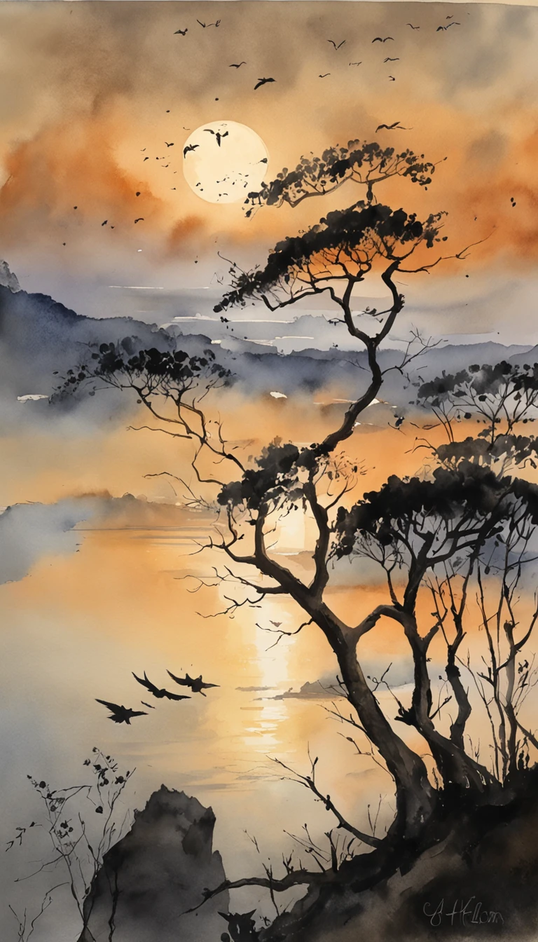 "uma cena hipnotizante de graciosos corvos negros empoleirados em galhos nus, casting a captivating silhouette under the pale, moonlit sky."