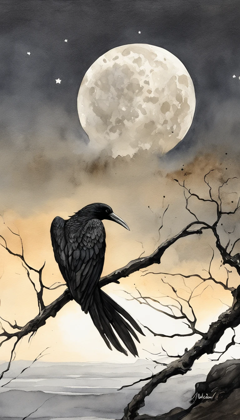 "uma cena hipnotizante de graciosos corvos negros empoleirados em galhos nus, casting a captivating silhouette under the pale, moonlit sky."